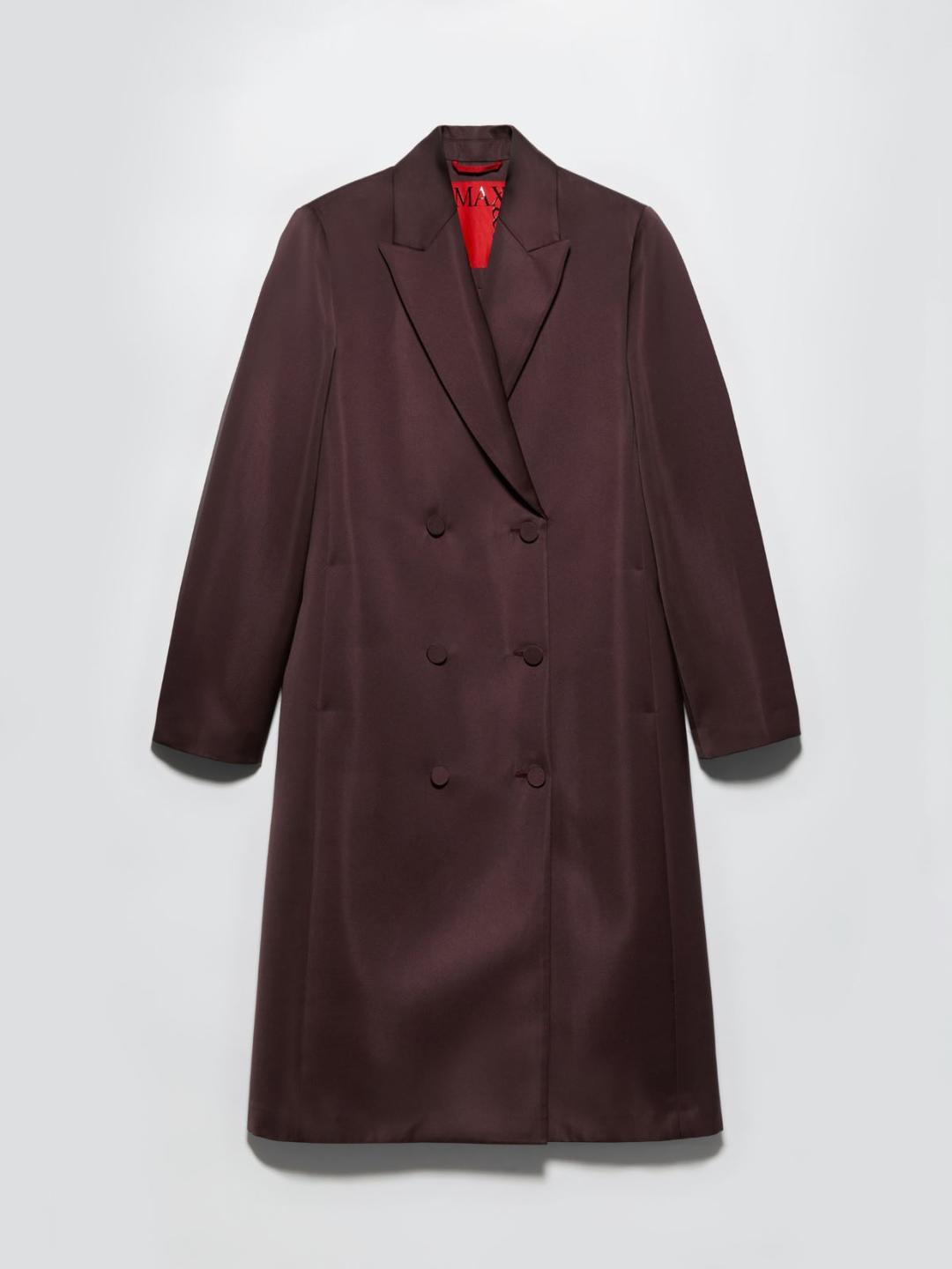 Cappotto doppiopetto in duchesse | Max&Co Cappotto doppiopetto in duchesse satin color bordeaux con revers a lancia e fodera interna rossa. | Max&Co