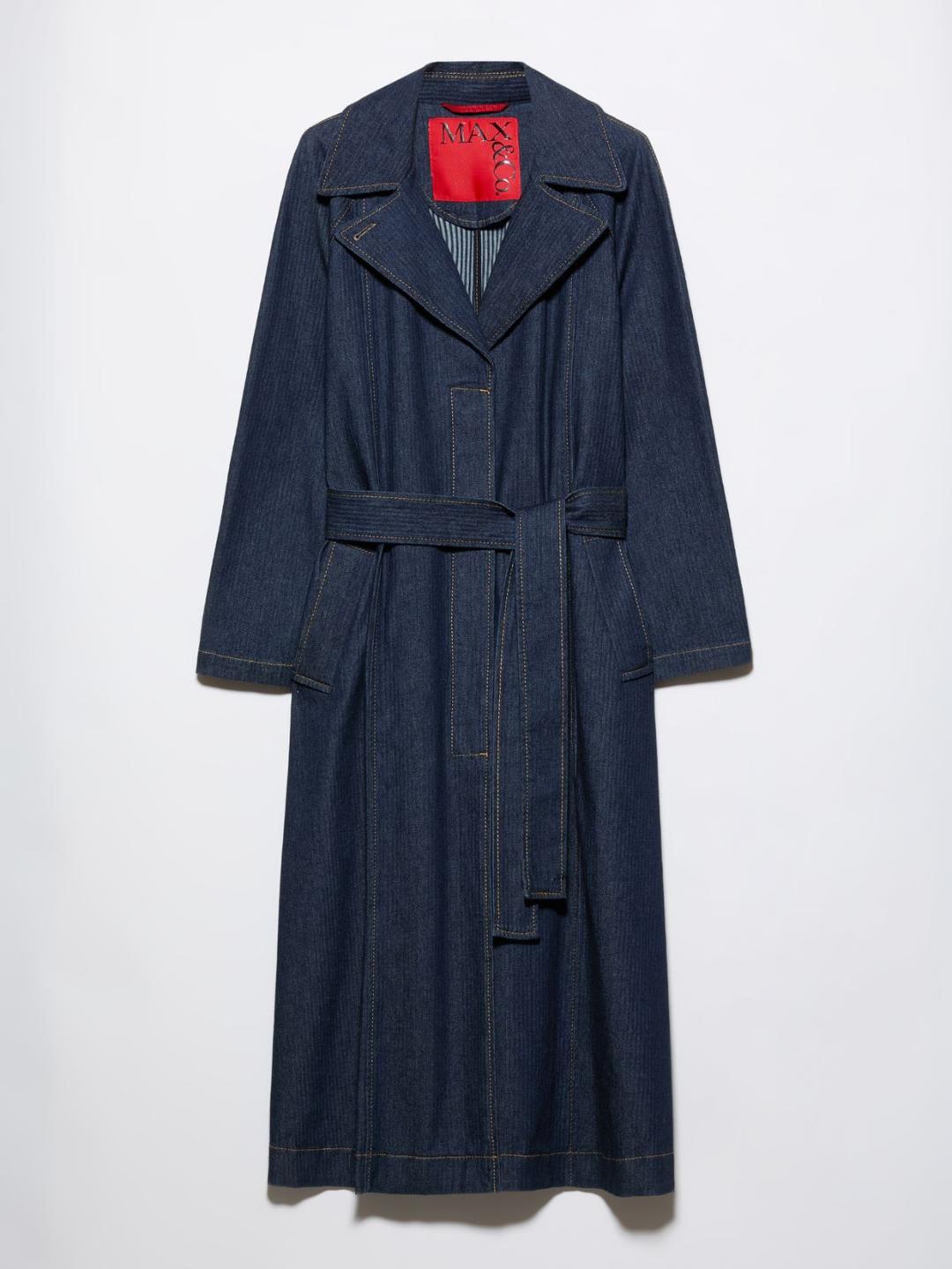 Trench in denim 3D | Max&Co Trench blu in denim stretch con texture tridimensionale a righe e cintura coordinata. | Max&Co