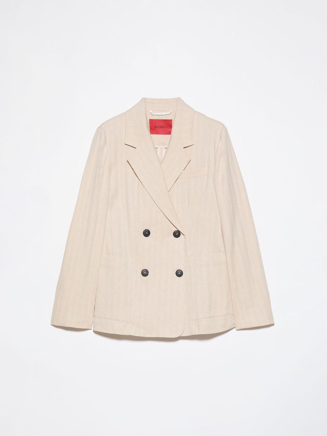 Blazer in lino e cotone | Max&Co Blazer doppiopetto in lino e cotone color corda con microfantasia chevron e tasche applicate. | Max&Co