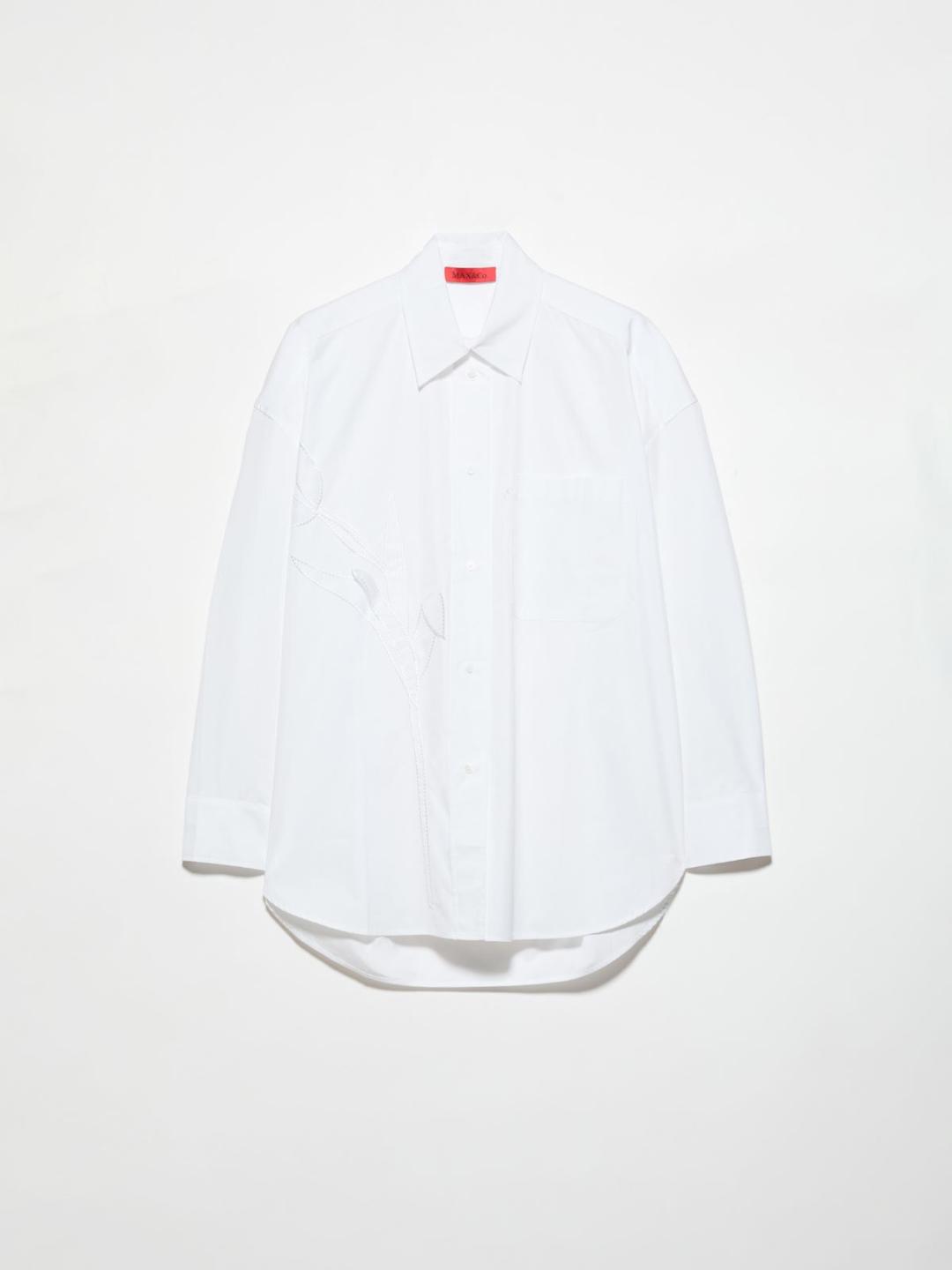 Camicia in popeline con ricamo | Max&Co Camicia maschile in popeline di cotone bianco ottico con ricami floreali in organza sul davanti e logo MAX&Co. ricamato su un polsino. | Max&Co