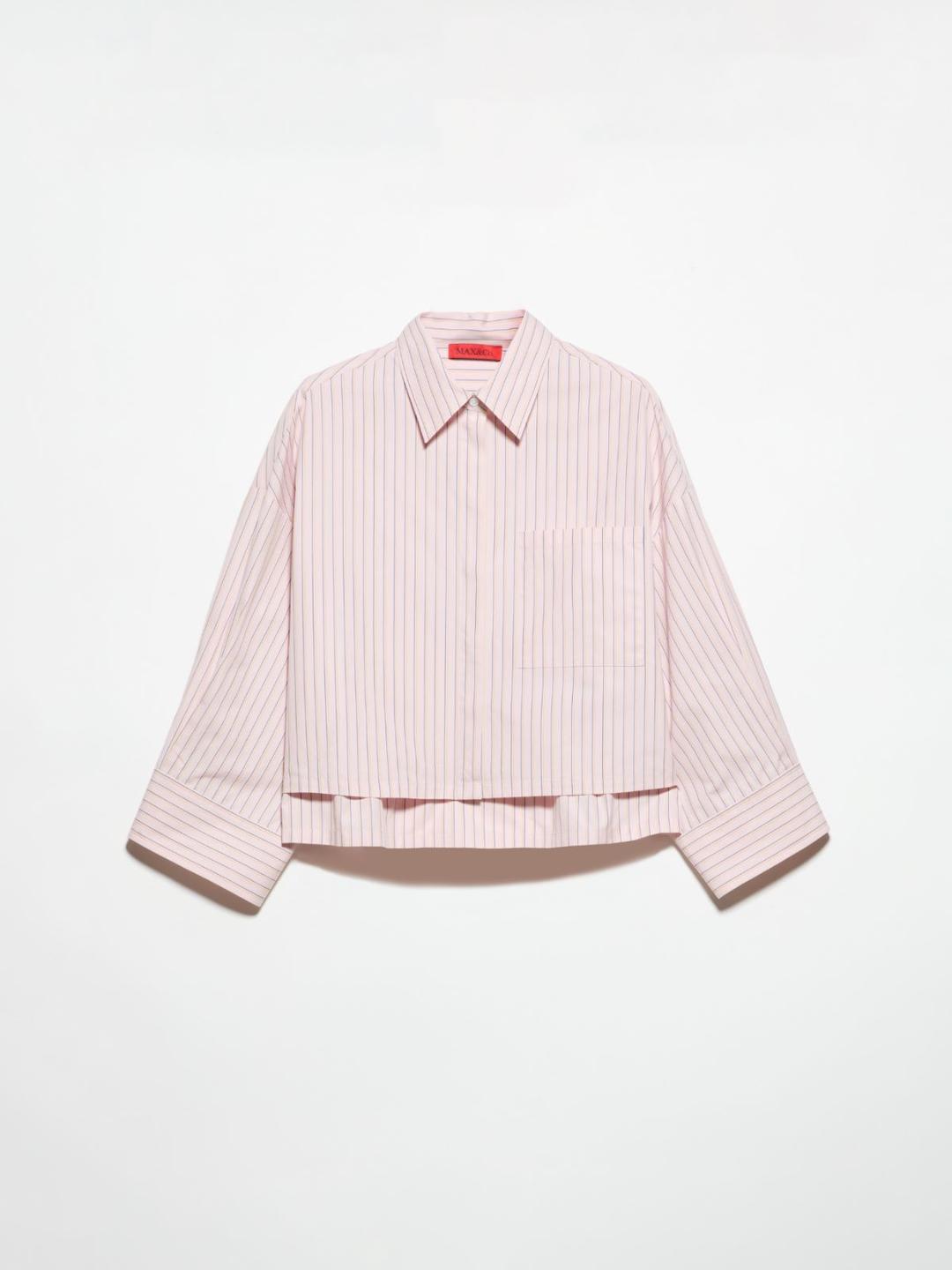 Camicia cropped in popeline | Max&Co Camicia cropped in popeline di cotone rosa cipria a righe verticali sottili, con colletto classico, spalle scese e maniche trequarti. | Max&Co