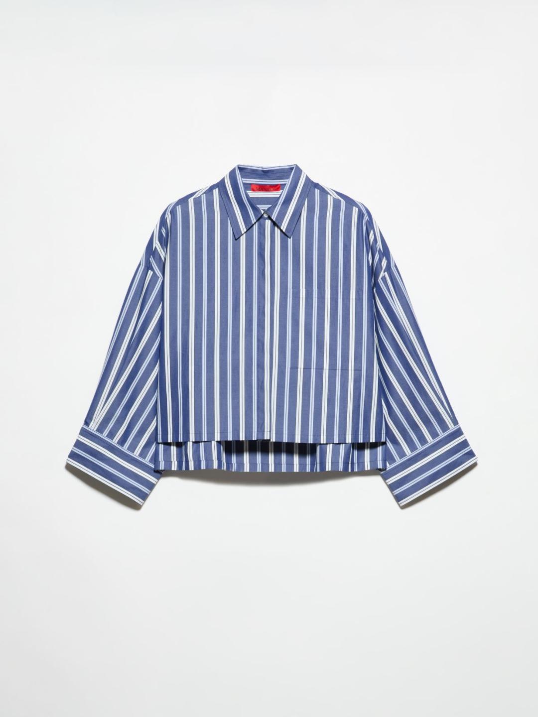 Camicia cropped in popeline | Max&Co Camicia cropped in popeline blu a righe bianche e azzurre, con colletto classico, maniche trequarti e tasca applicata sul davanti. | Max&Co