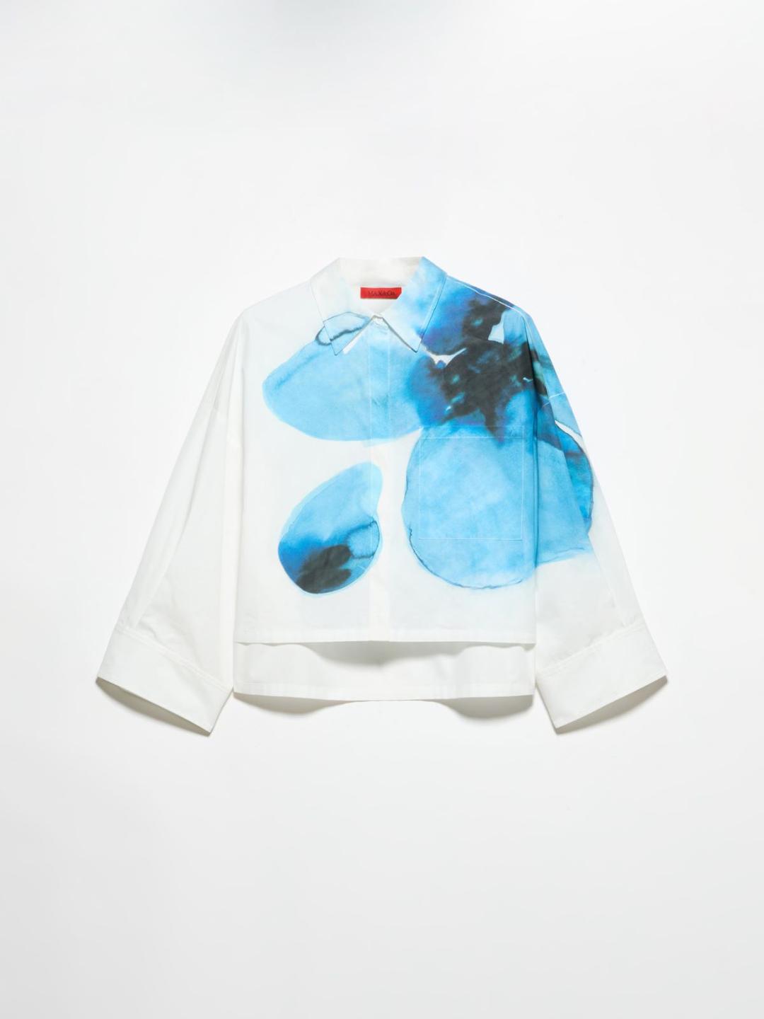 Camicia cropped in popeline | Max&Co Camicia cropped in popeline di cotone bianca con stampa astratta blu e nera, colletto classico e maniche trequarti. | Max&Co