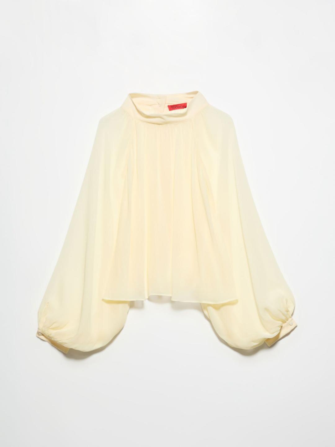 Camicia a ruota in crépon | Max&Co Camicia a ruota in crépon di viscosa color vaniglia con collo a listino e maniche balloon a raglan, orlo arrotondato e bottoni ricoperti in tessuto. | Max&Co