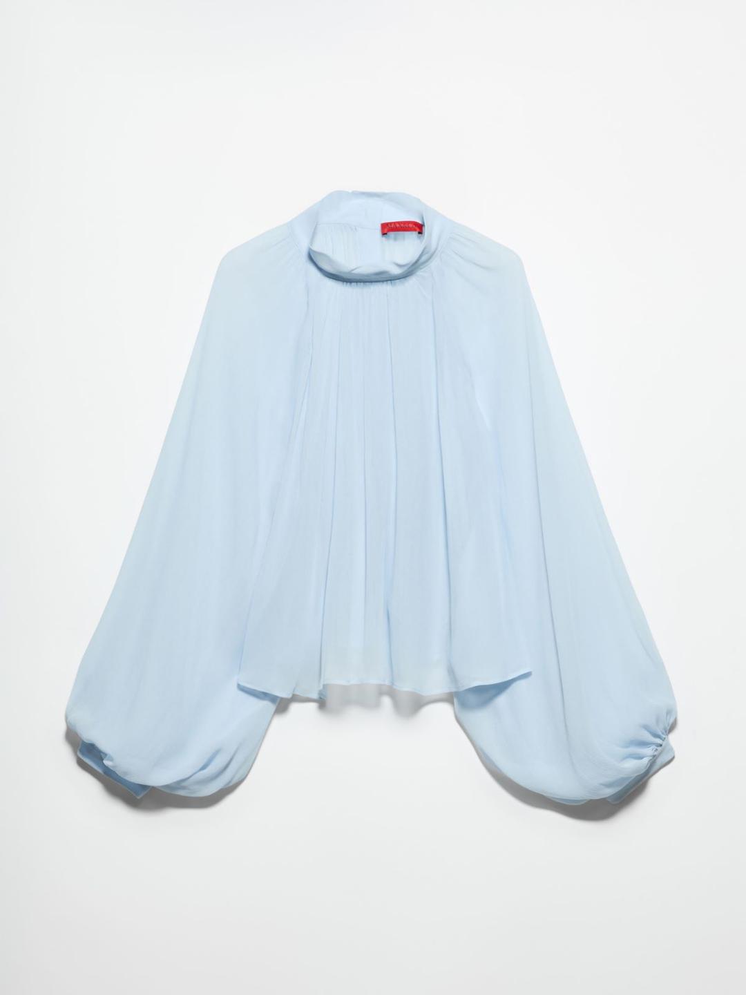 Camicia a ruota in crépon | Max&Co Camicia a ruota in crépon celeste con collo a listino, maniche balloon a raglan e bottoni ricoperti in tessuto. | Max&Co