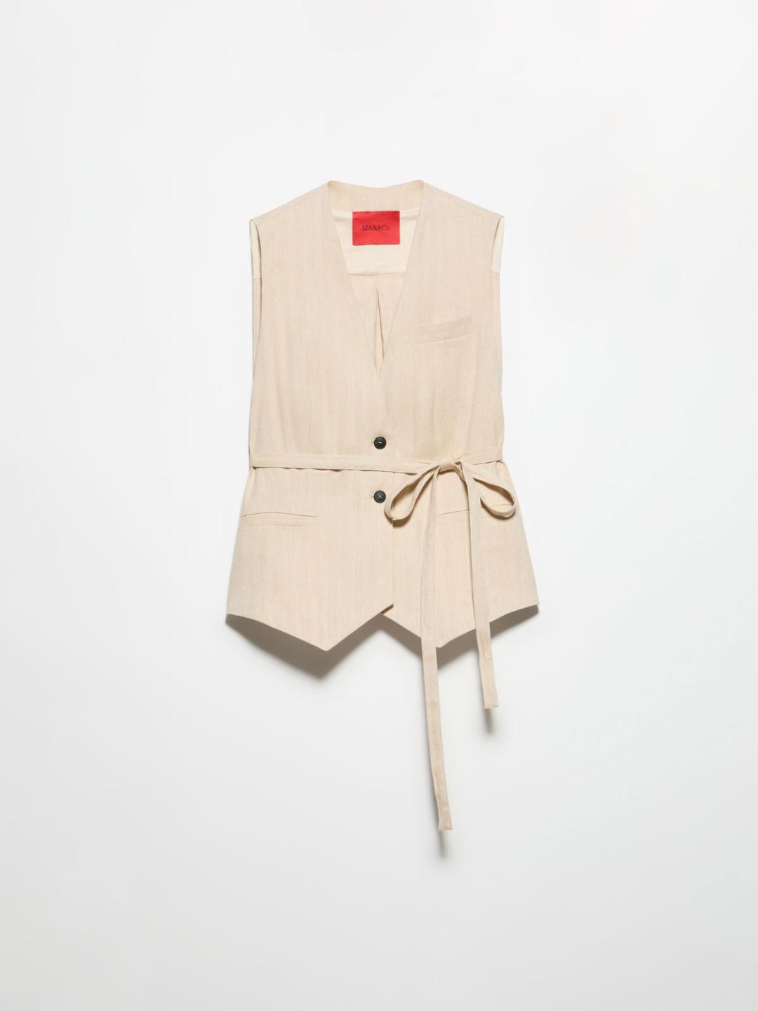 Gilet in lino e cotone | Max&Co Gilet in lino e cotone color corda con microfantasia chevron, scollo a V, lembi a punta, taschino, tasche a filo e lacci da annodare in vita. | Max&Co