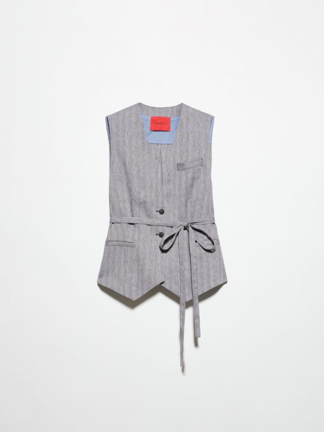 Gilet in lino e cotone | Max&Co Gilet in lino e cotone melanzana con microfantasia chevron, scollo a V, taschino e cintura da annodare in vita. | Max&Co