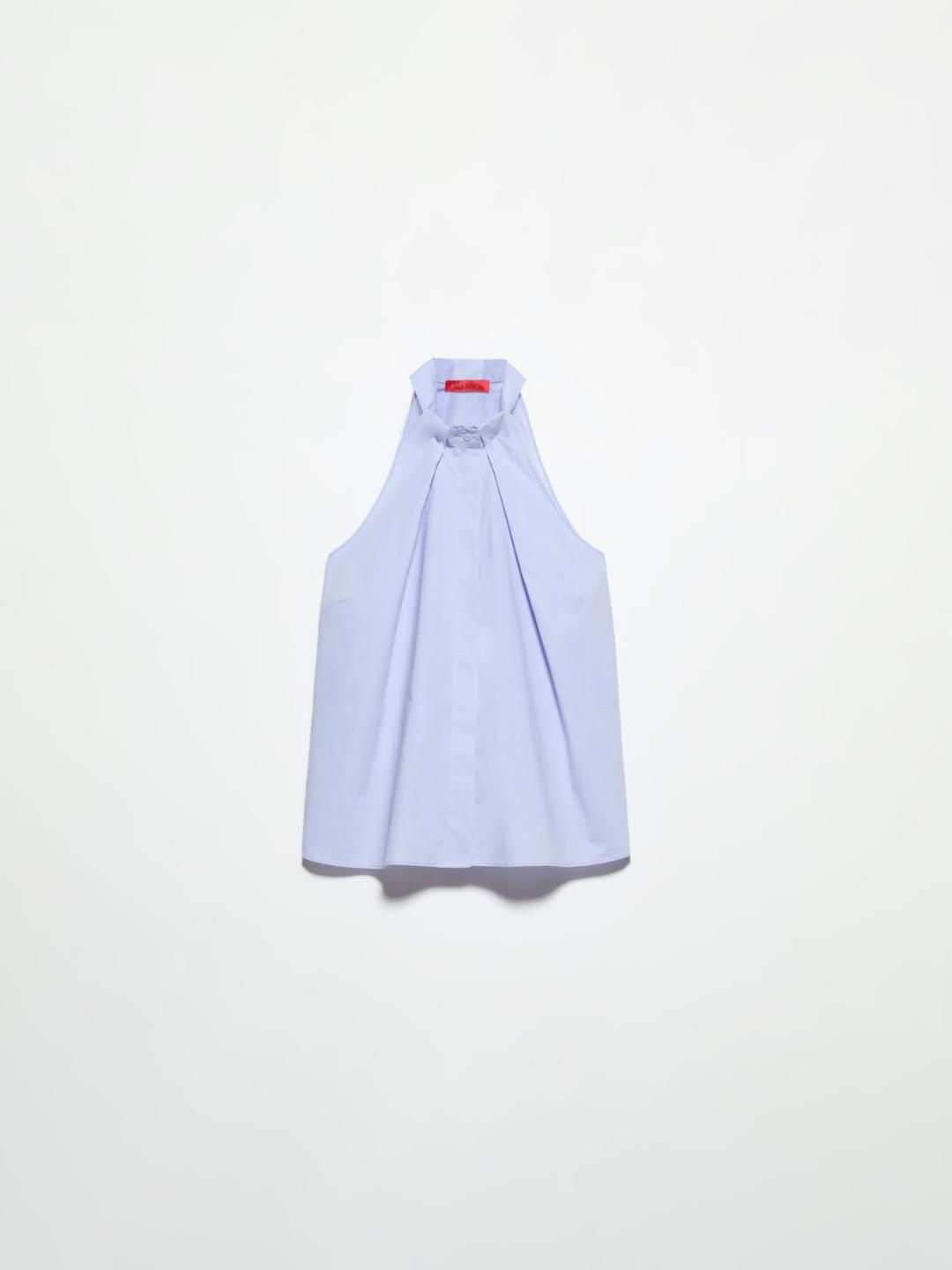 Top in popeline e voile | Max&Co Top azzurro in popeline e voile con taglio halterneck e pieghe d'ispirazione origami, abbottonatura nascosta e linee svasate. | Max&Co