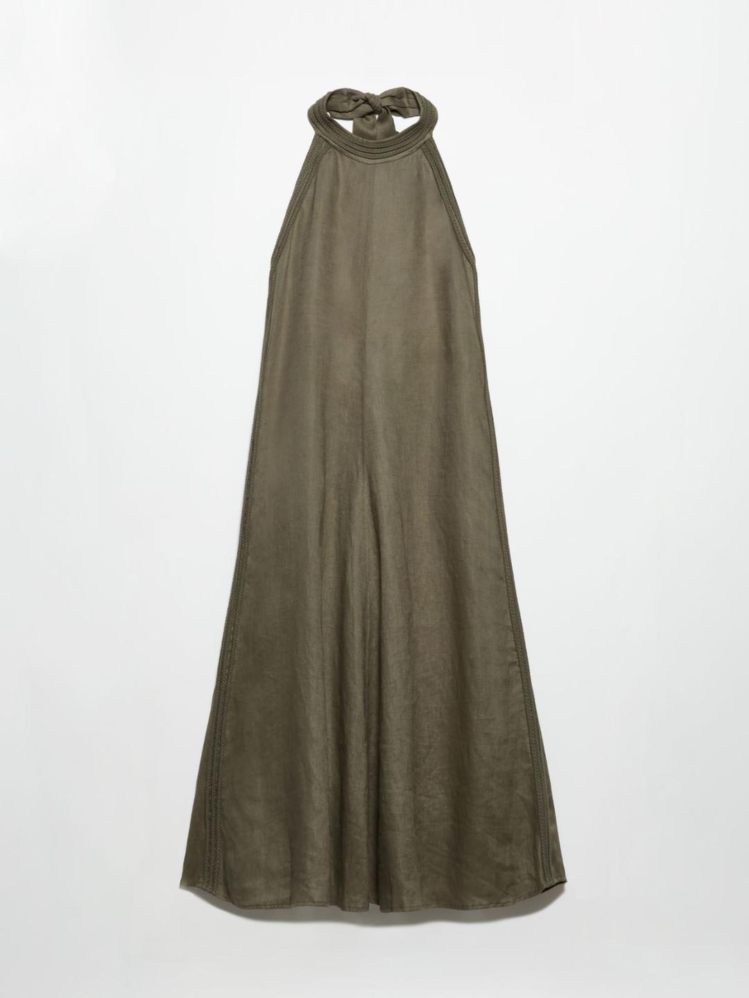 Abito in lino con passamanerie | Max&Co Abito donna in lino color kaki con scollo halterneck e passamanerie intrecciate lungo il girocollo e i fianchi. | Max&Co