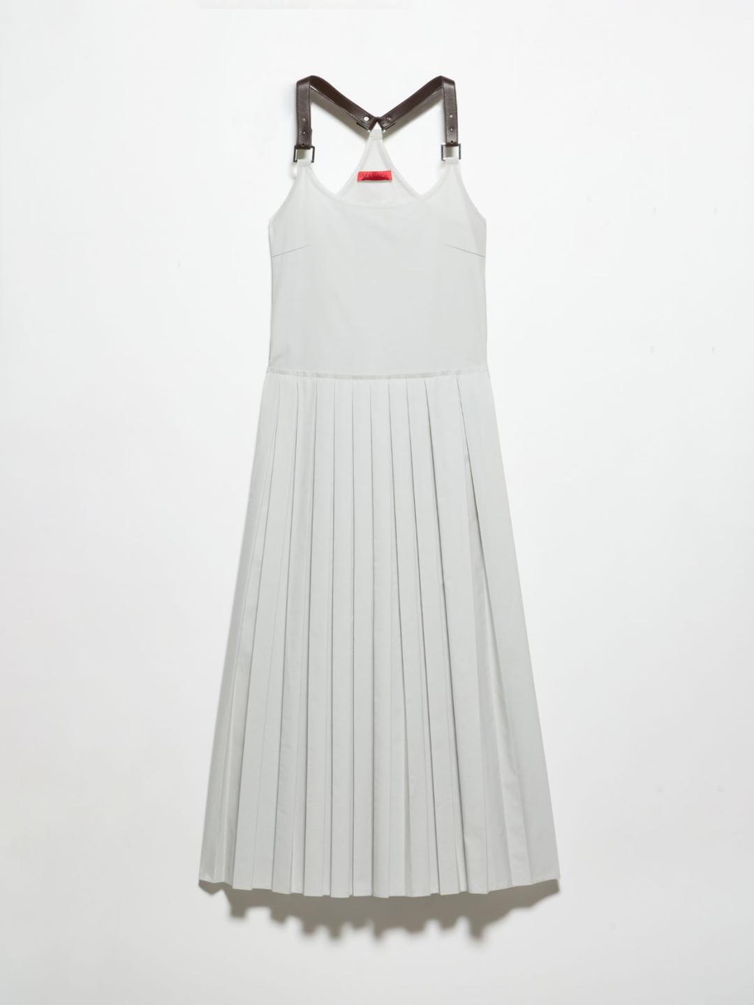 Abito in popeline con plissé | Max&Co Abito in popeline grigio ghiaccio con pieghe origami asimmetriche, spalline in pelle e orli a taglio vivo. | Max&Co