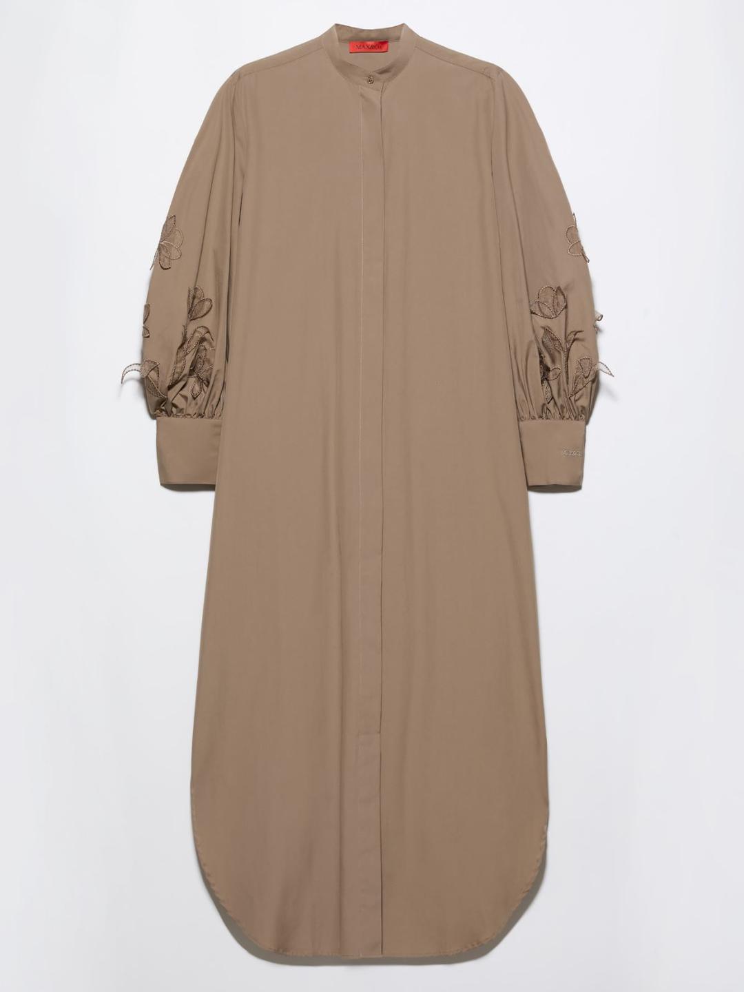 Chemisier in popeline con ricami | Max&Co Chemisier in popeline di cotone color cacao con ricami floreali in organza sulle maniche e collo alla coreana. | Max&Co