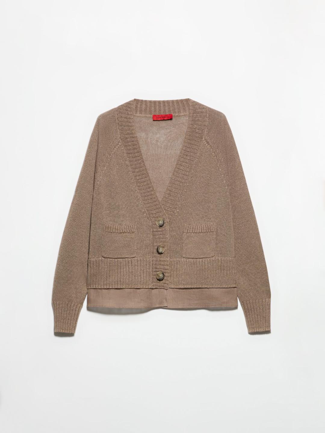 Cardigan in maglia e tela di lino | Max&Co Cardigan oversize color nocciola in maglia di lino e lyocell con dettagli in tela di puro lino, scollo a V e tasche applicate. | Max&Co