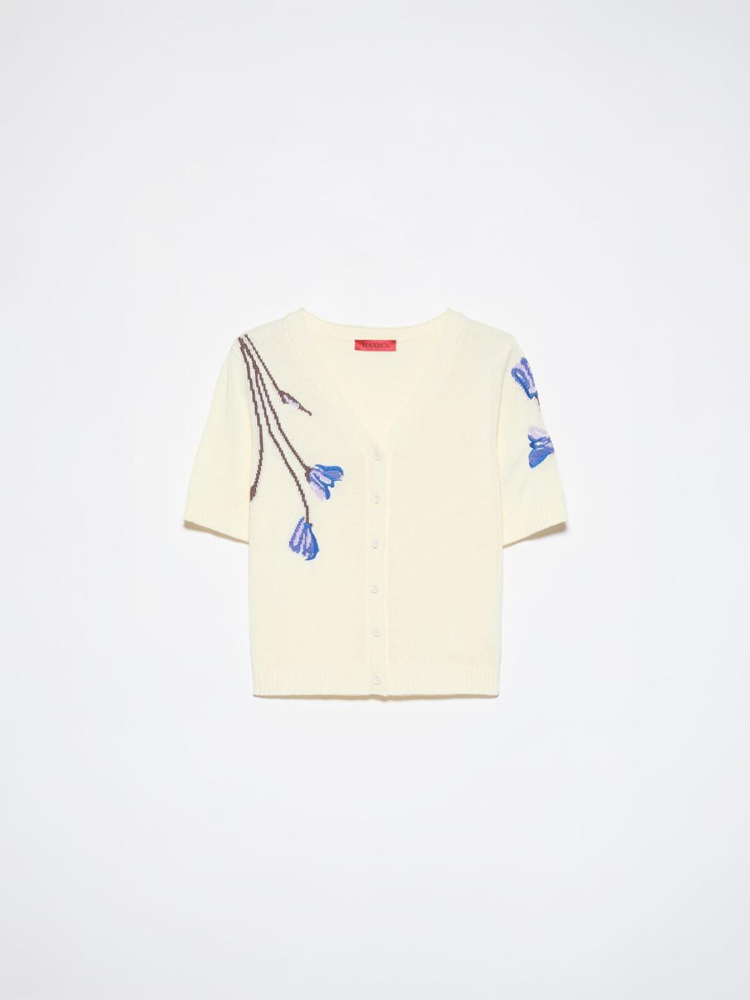 Cardigan con fiori ricamati | Max&Co Cardigan bianco in blend di cotone con ricami floreali ispirati all'ikebana sul davanti e su una manica, scollo a V e maniche corte. | Max&Co