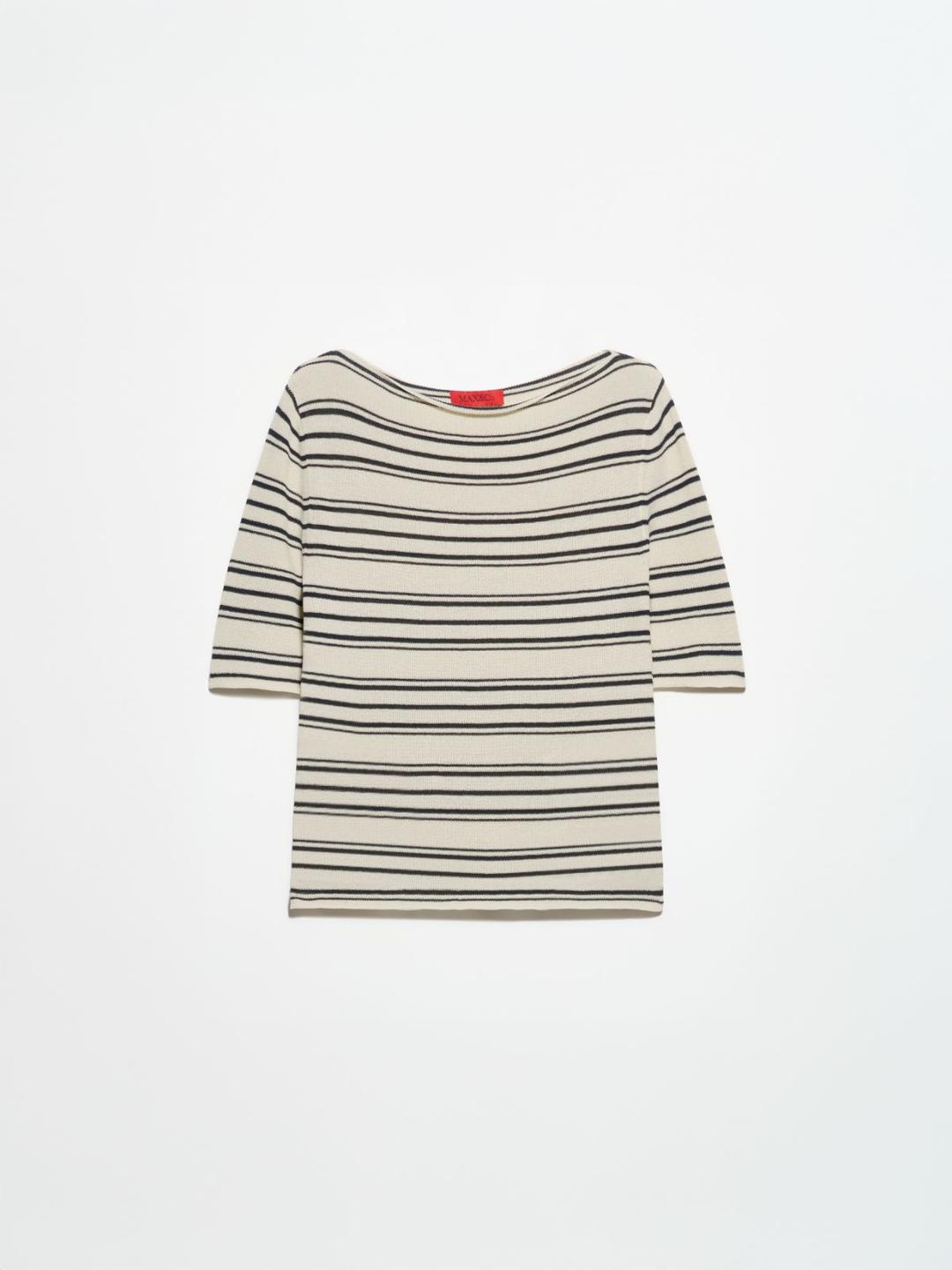 T-shirt in maglia crêpe | Max&Co T-shirt in maglia crêpe a righe bianche e blu con scollo a barchetta e maniche sopra il gomito. | Max&Co