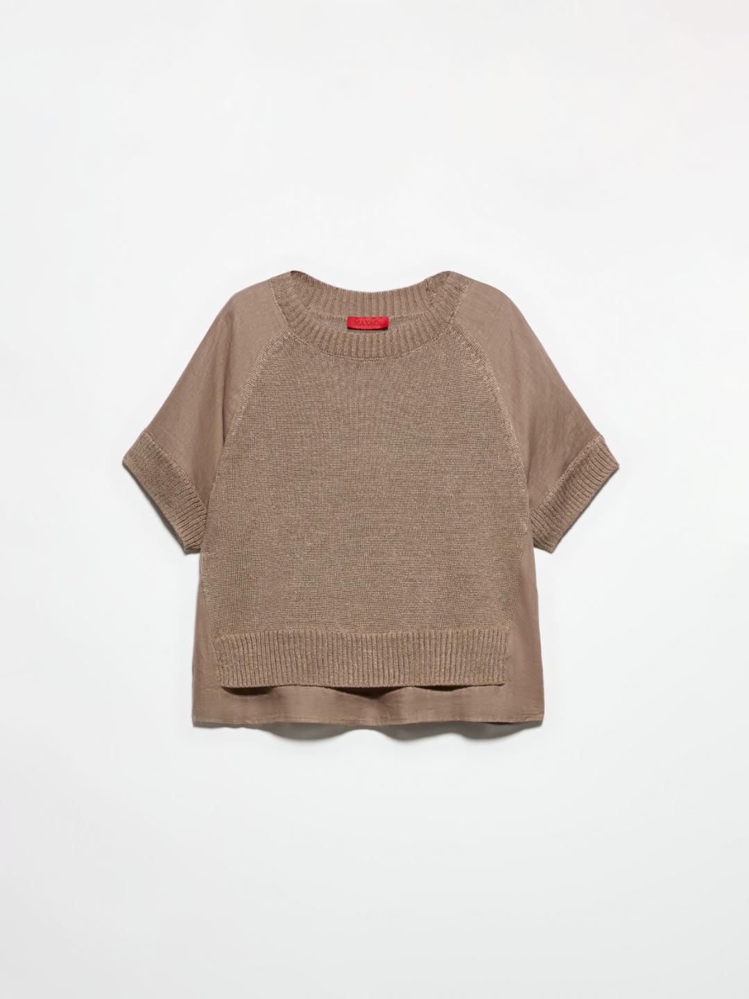T-shirt in maglia e tela di lino | Max&Co T-shirt nocciola in maglia e tela di lino con girocollo, maniche corte raglan e fit ampio. | Max&Co