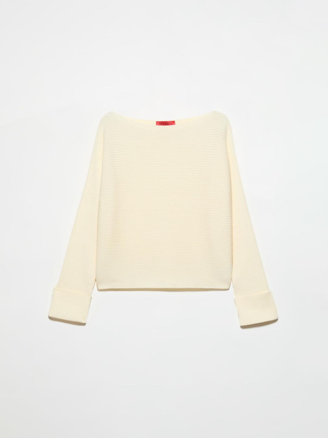 Maglia a coste orizzontali | Max&Co Maglia a coste orizzontali color bianco panna con scollo a barchetta e maniche lunghe a kimono con risvolti ai polsi. | Max&Co