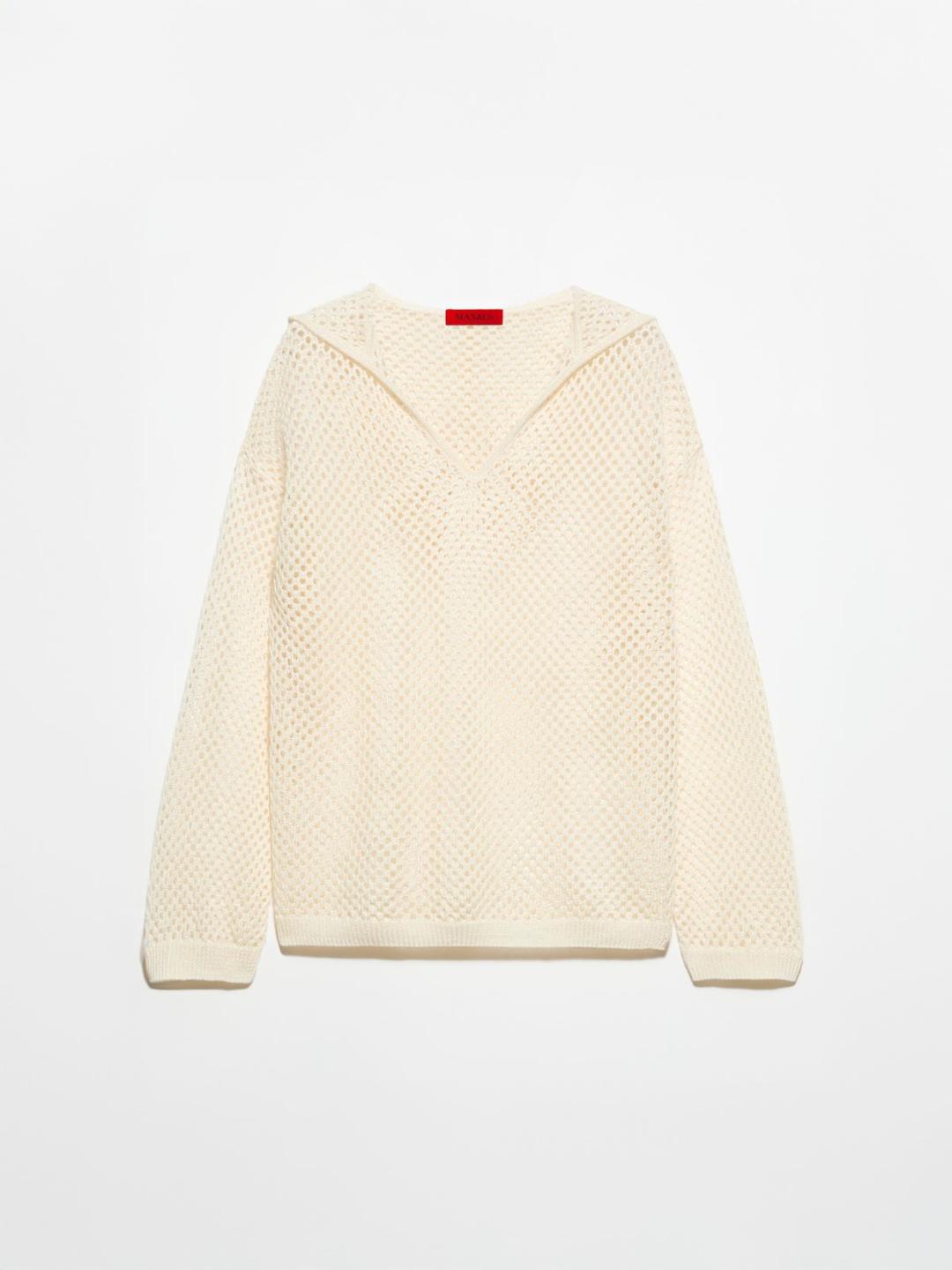 Maglia a rete con cappuccio | Max&Co Maglia a rete con cappuccio color latte in blend di lino e viscosa, con lavorazione a rete, polsi e fondo a costine, scollo a V e spalle scese. | Max&Co