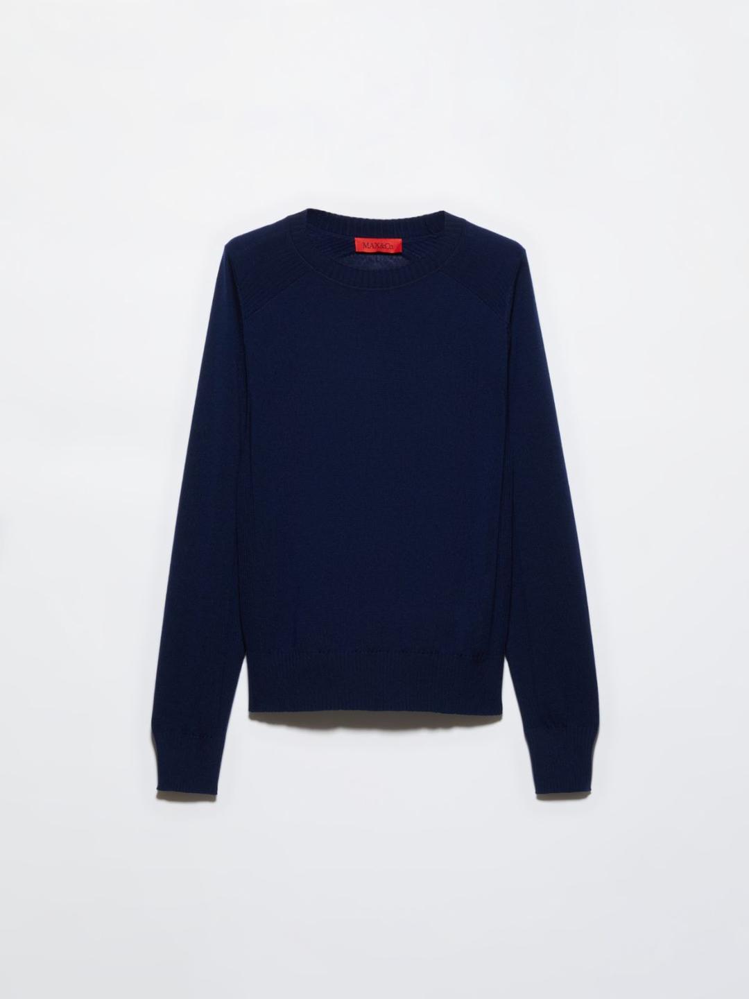 Maglia in pura lana merino | Max&Co Maglia blu in pura lana merino con girocollo, maniche lunghe e dettagli a costine, logo MAX&Co. ricamato sul retro. | Max&Co