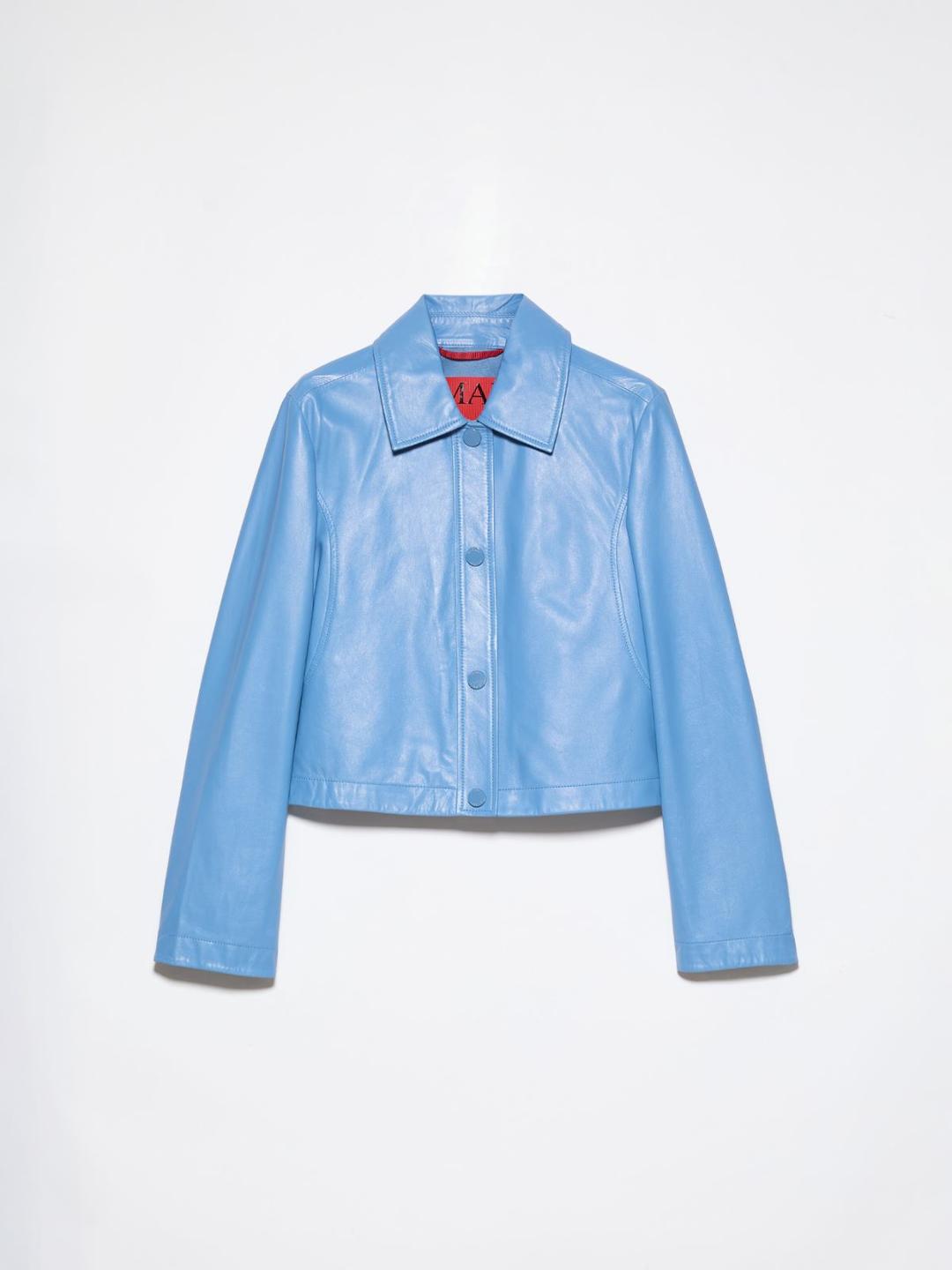 Giacca boxy in pelle glossy | Max&Co Giacca boxy in pelle glossy azzurra con collo a camicia e chiusura a bottoni a pressione smaltati, perfetta per elevare ogni look. | Max&Co