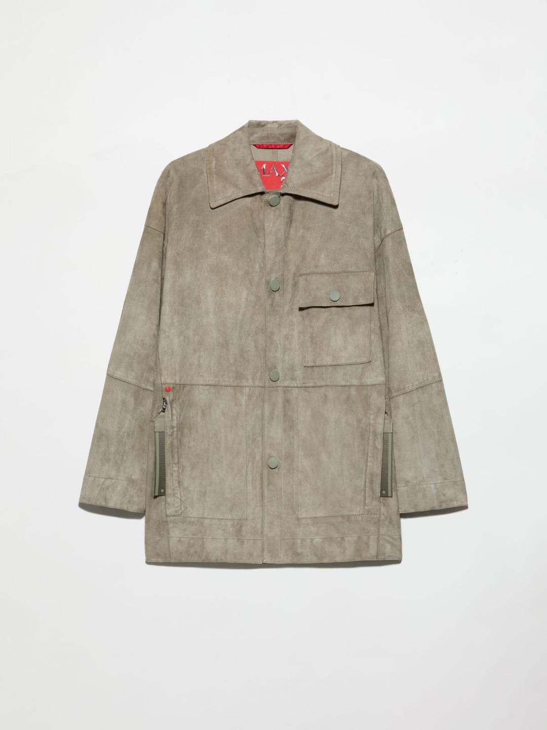 Giacca in pelle scamosciata | Max&Co Giacca camicia MAX&Co. in morbida pelle scamosciata color salvia, con spalle scese, tasche utility e zip nascosta, chiusura a bottoni a pressione e fit ampio. | Max&Co