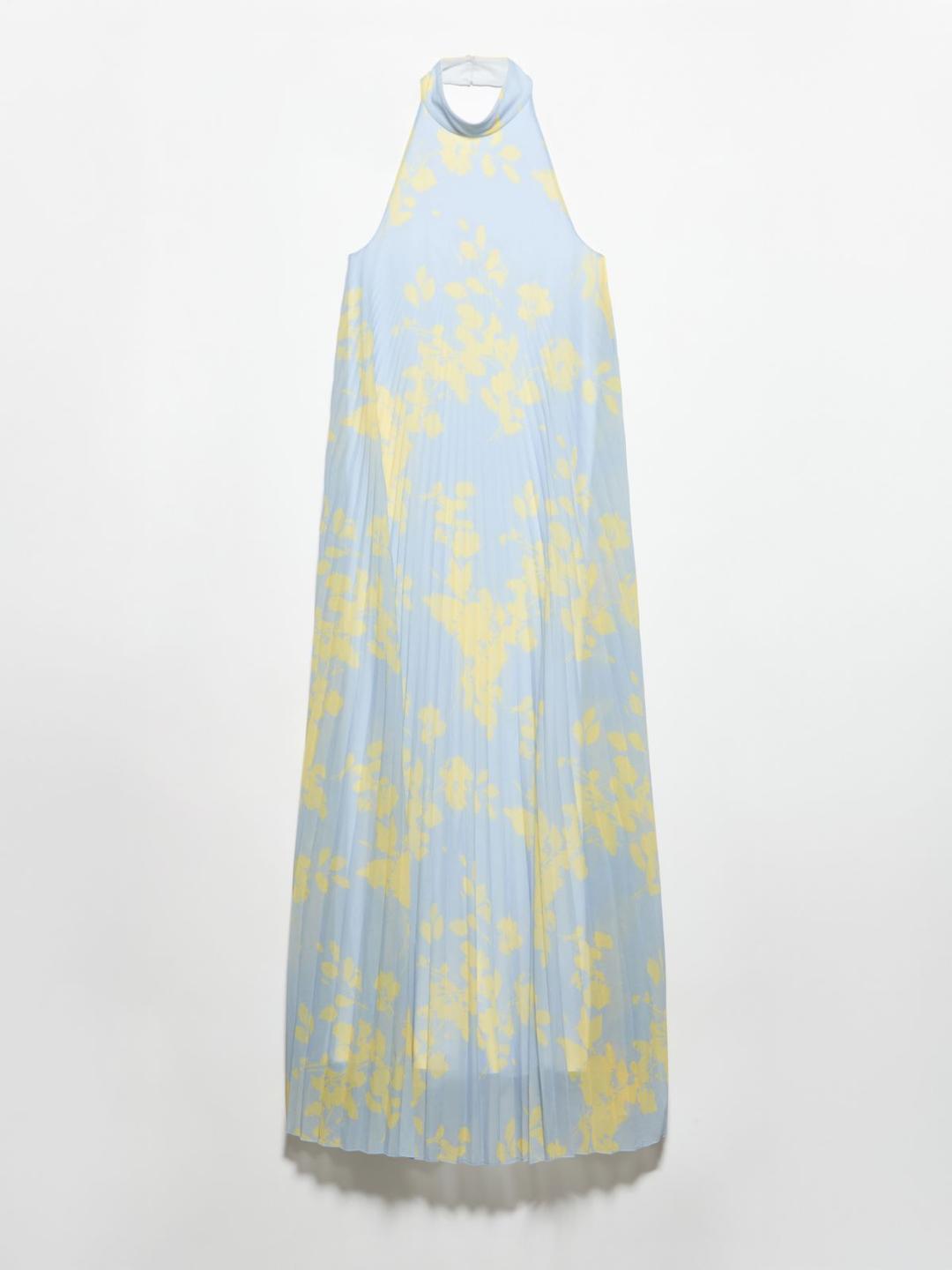 Abito halterneck in jersey | Max&Co Abito halterneck azzurro polvere in jersey leggero con fantasia floreale gialla e lavorazione a plissé soleil. | Max&Co