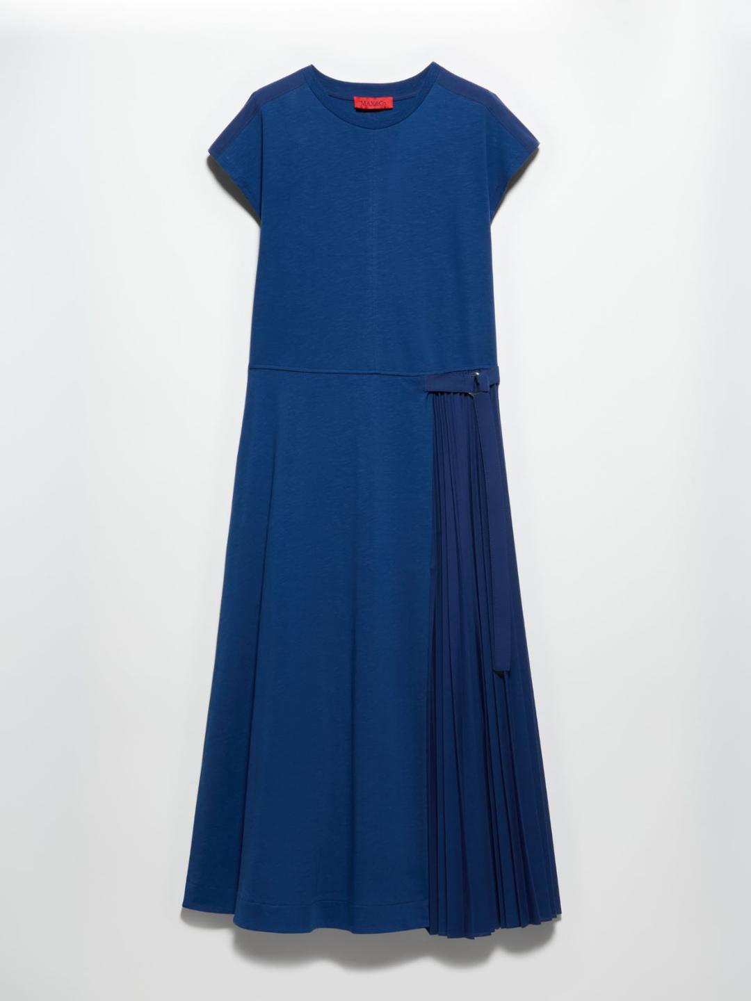 Abito in jersey di cotone e lino | Max&Co Abito blu in jersey di cotone e lino con inserto asimmetrico a plissé soleil d'ispirazione origami e cinturino regolabile. | Max&Co