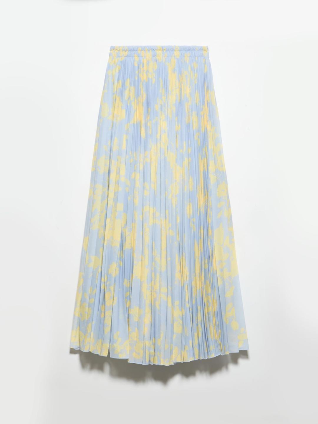 Gonna a ruota in jersey plissé | Max&Co Gonna a ruota in jersey plissé azzurro polvere con fantasia floreale gialla, vita regolare con elastico interno e taglio ampio. | Max&Co