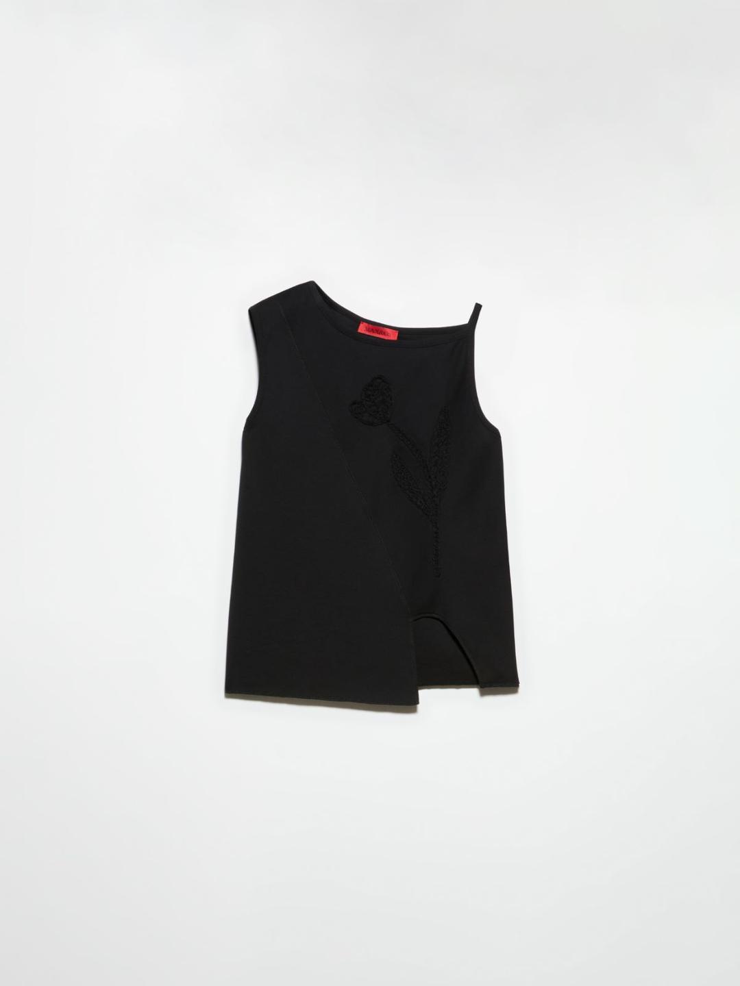 Top in jersey con fiore ricamato | Max&Co Top nero in jersey di cotone con fiore ricamato asimmetrico e dettaglio cut-out. | Max&Co