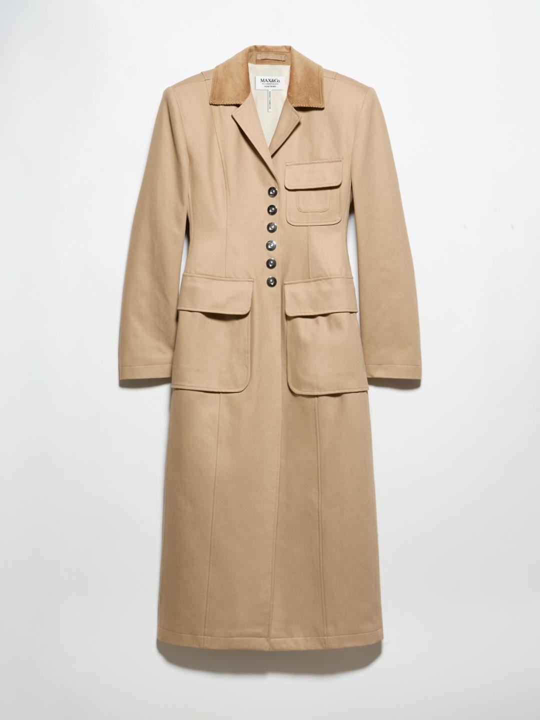 Cappotto in drill Sami Miró &Co.llaboration | Max&Co Cappotto in drill di cotone color oliva, modello aderente da donna, con colletto in velluto a coste e bottoni a pressione metallici, parte della capsule Sami Miró &Co.llaboration. | Max&Co