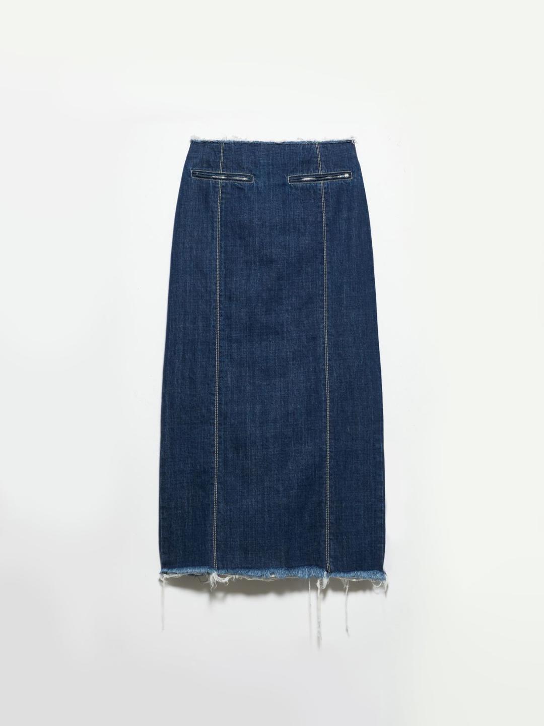 Gonna in denim Sami Miró &Co.llaboration | Max&Co Gonna in denim blu notte Sami Miró &Co.llaboration con orli sfrangiati e tasche a filo con zip sul davanti. | Max&Co