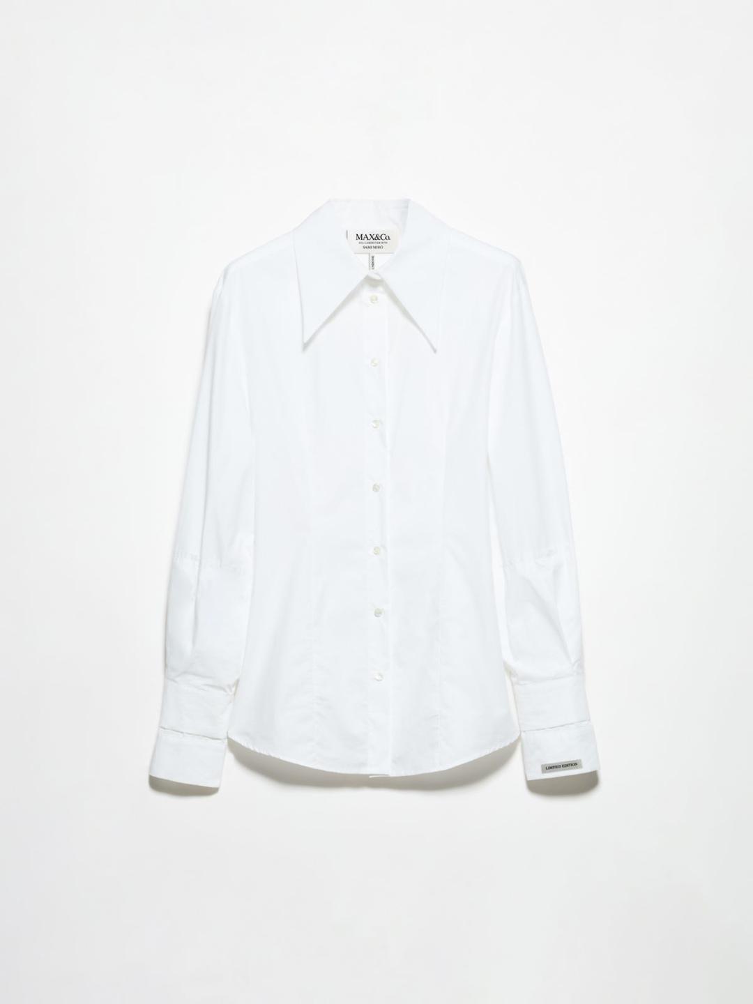 Camicia slim Sami Miró &Co.llaboration | Max&Co Camicia slim bianca ottico di Sami Miró &Co.llaboration con colletto esagerato, dettagli a taglio vivo e maniche con doppio polso applicato. | Max&Co