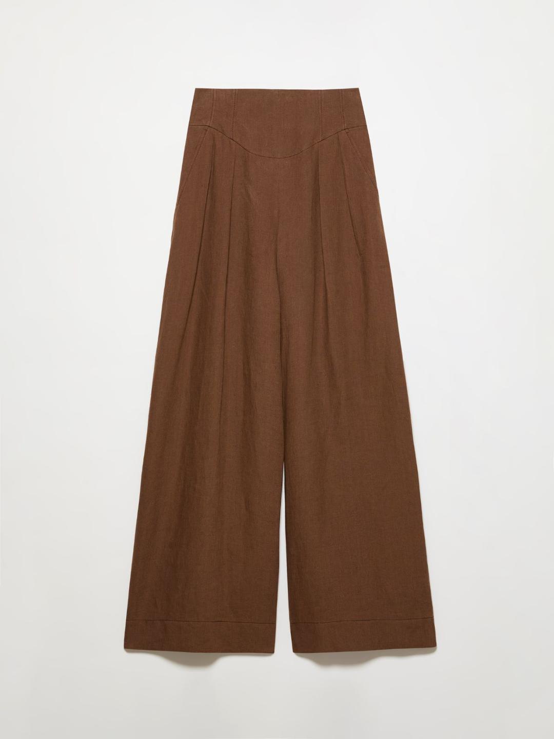 Pantaloni ampi in puro lino | Max&Co Pantaloni ampi in puro lino color caffè con baschina sagomata a vita alta, pieghe e tasche alla francese sul davanti. | Max&Co