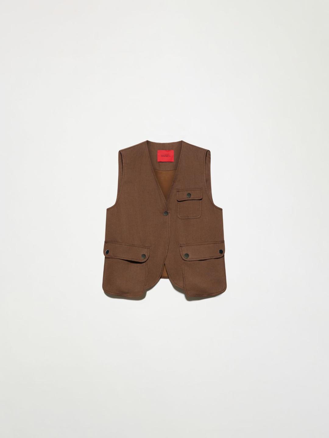 Gilet in puro lino | Max&Co Gilet multitasche in puro lino color caffè con scollo a V e chiusure a bottoni a pressione. | Max&Co