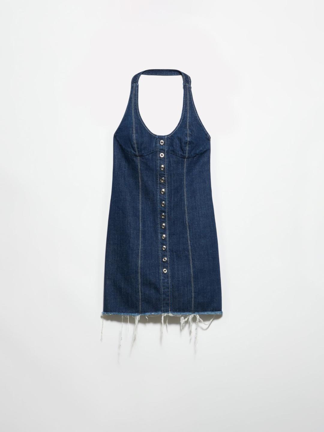 Abito in denim Sami Miró &Co.llaboration | Max&Co Abito in denim blu notte da donna, modello bustier halterneck con occhielli in metallo e orlo sfrangiato, parte della collaborazione Sami Miró &Co.llaboration. | Max&Co