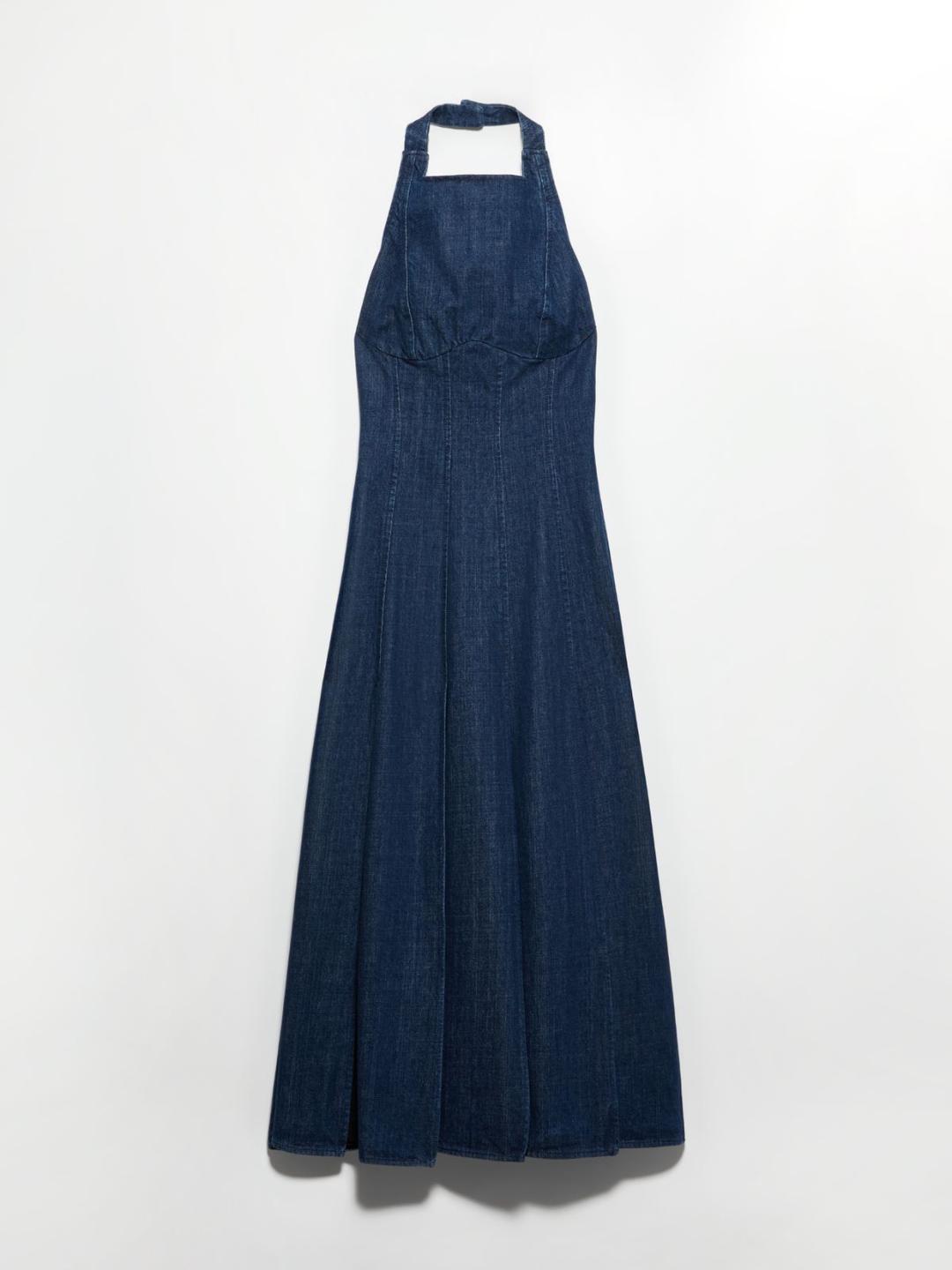 Abito in denim Sami Miró &Co.llaboration | Max&Co Abito in denim blu notte Sami Miró &Co.llaboration con top a bustier halterneck e gonna a pieghe con dettagli in mesh tecnico. | Max&Co