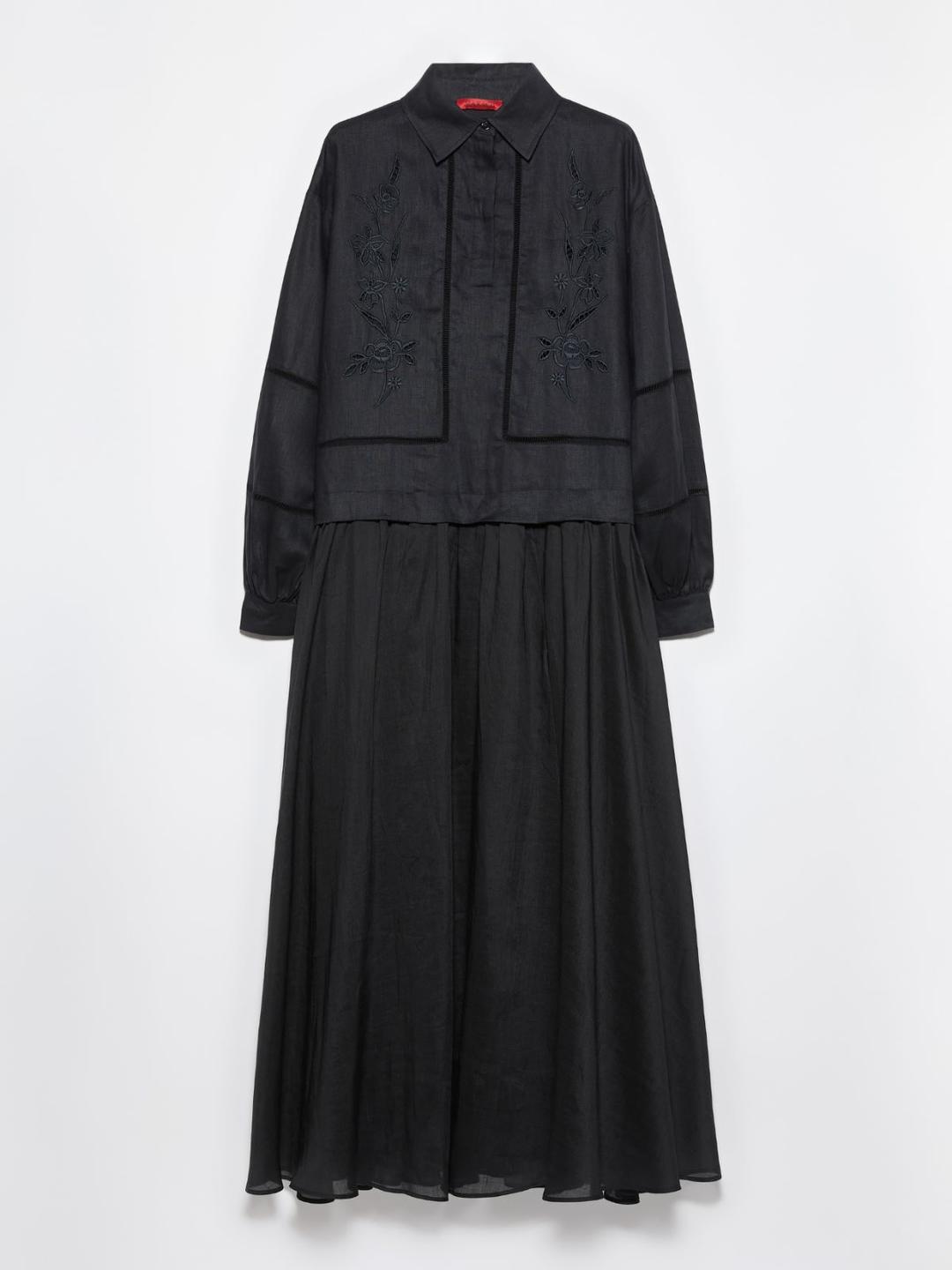 Abito lungo in lino e mussola | Max&Co Abito lungo nero in lino e mussola con ricami floreali sul davanti e passamanerie à jour, collo a polo e maniche a balloon. | Max&Co
