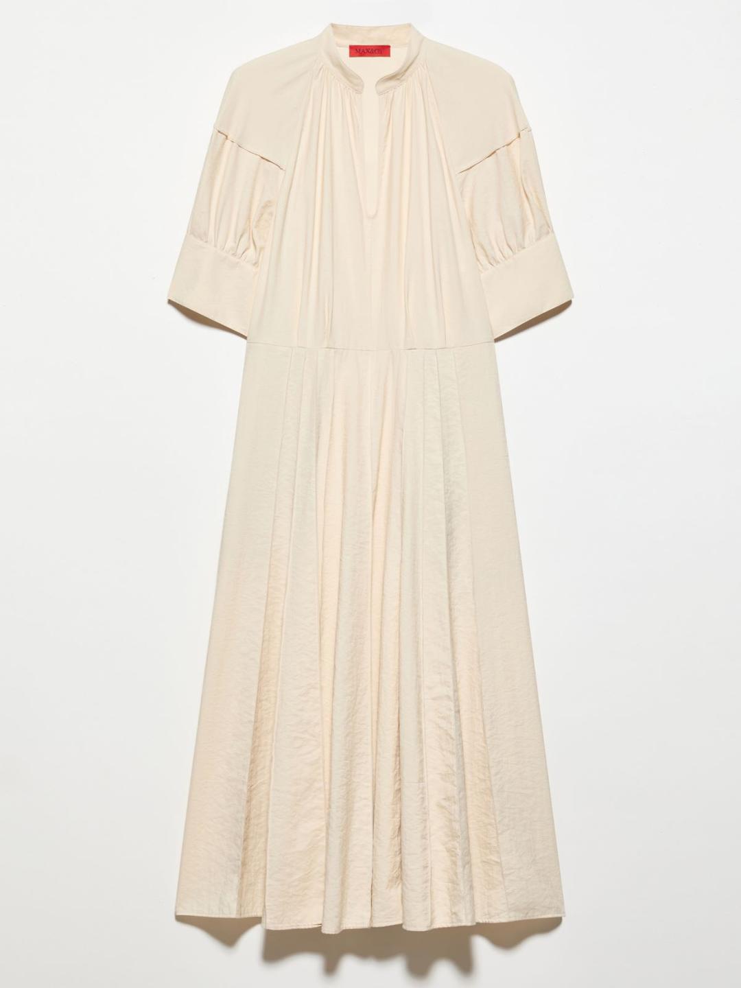 Abito fit & flare in nylon fluido | Max&Co Abito fit & flare color latte in nylon fluido con texture mossa, collo a listino con apertura a U e maniche balloon. | Max&Co