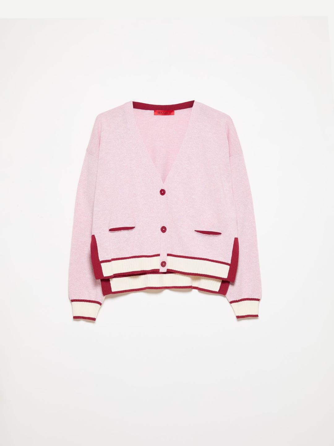 Cardigan in filato mouliné | Max&Co Cardigan rosa in filato mouliné con dettagli a contrasto bordeaux, scollo a V, tasche e orlo a coste. | Max&Co