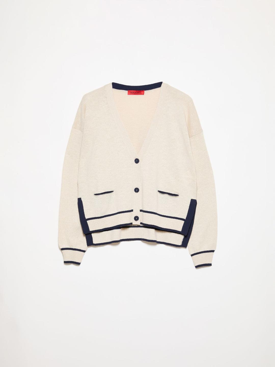 Cardigan in filato mouliné | Max&Co Cardigan beige in filato mouliné con dettagli a contrasto blu navy, scollo a V, tasche e fit oversize. | Max&Co