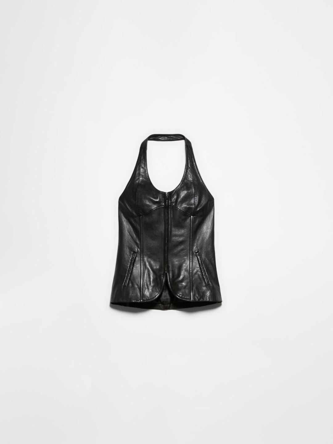 Bustier in nappa Sami Miró &Co.llaboration | Max&Co Bustier in nappa nera Sami Miró &Co.llaboration con taglio halterneck, zip frontale e tasche, parte della capsule Becoming Undone. | Max&Co