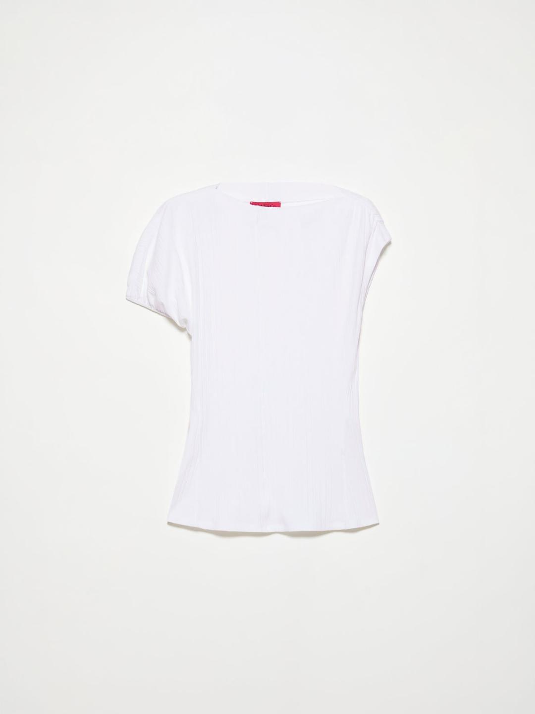 Top asimmetrico a costine | Max&Co Top asimmetrico a costine bianco ottico in jersey di cotone e lino stretch con scollo a barchetta e dettaglio arricciatura su una spalla. | Max&Co