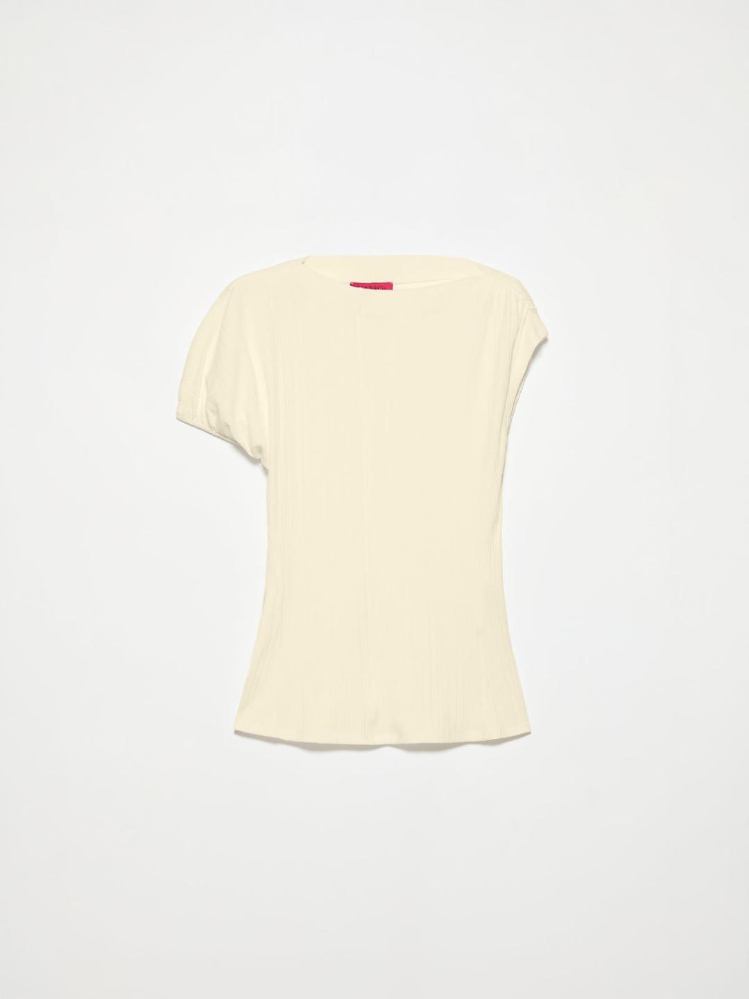 Top asimmetrico a costine | Max&Co Top asimmetrico a costine in jersey di cotone e lino stretch color limone, con scollo a barchetta e dettaglio arricciatura su una spalla. | Max&Co
