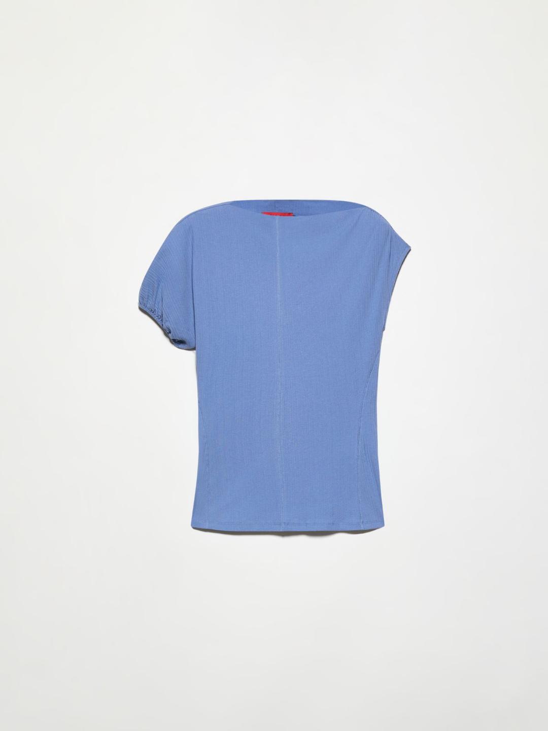 Top asimmetrico a costine | Max&Co Top asimmetrico a costine avio in jersey di cotone e lino stretch con scollo a barchetta e maniche corte a kimono. | Max&Co