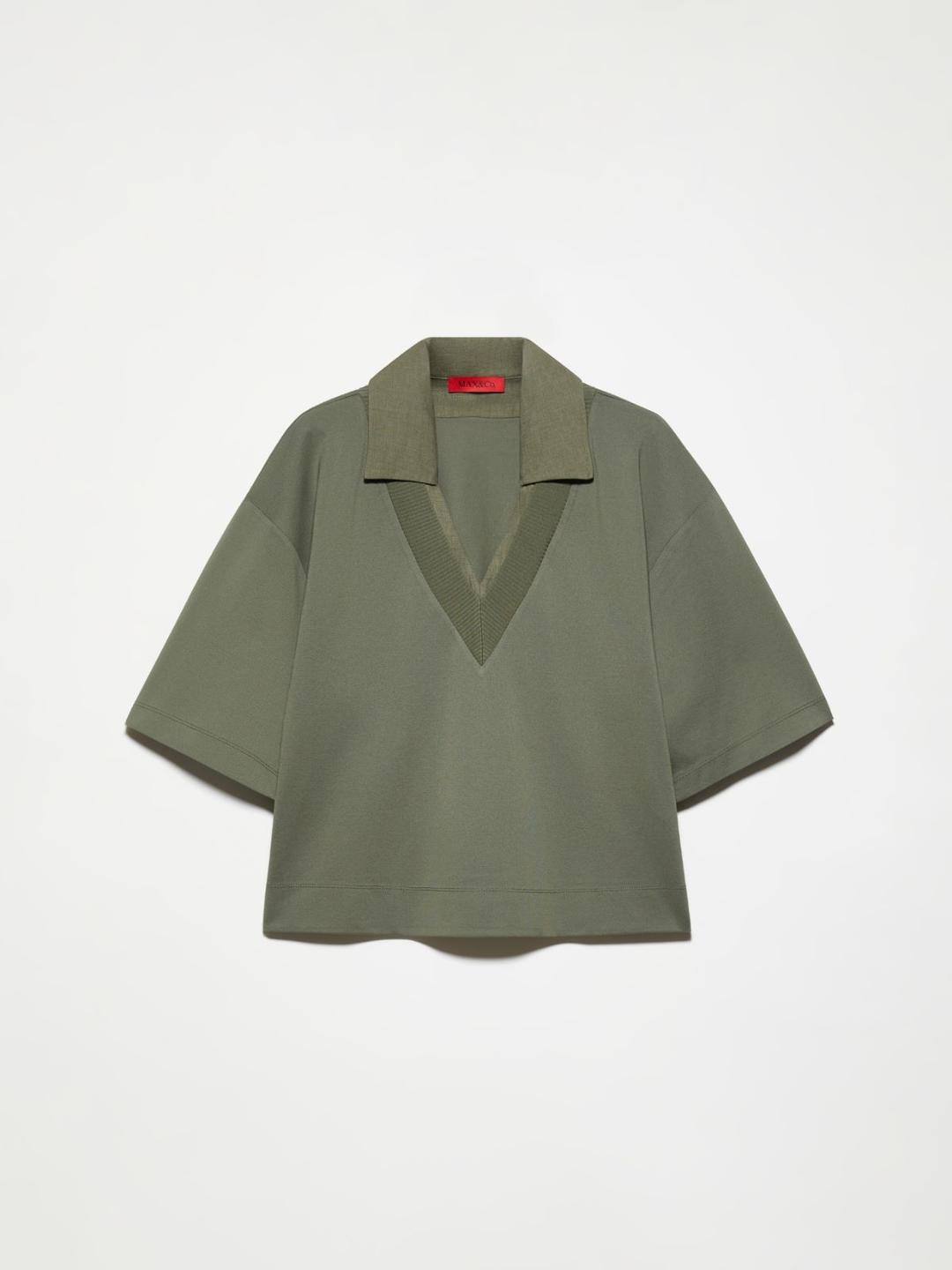 Layered T-shirt in cotone e lino | Max&Co T-shirt kaki a manica corta con colletto in lino effetto sovrapposto e scollo a V in maglia a costine, realizzata in jersey piqué di cotone. | Max&Co