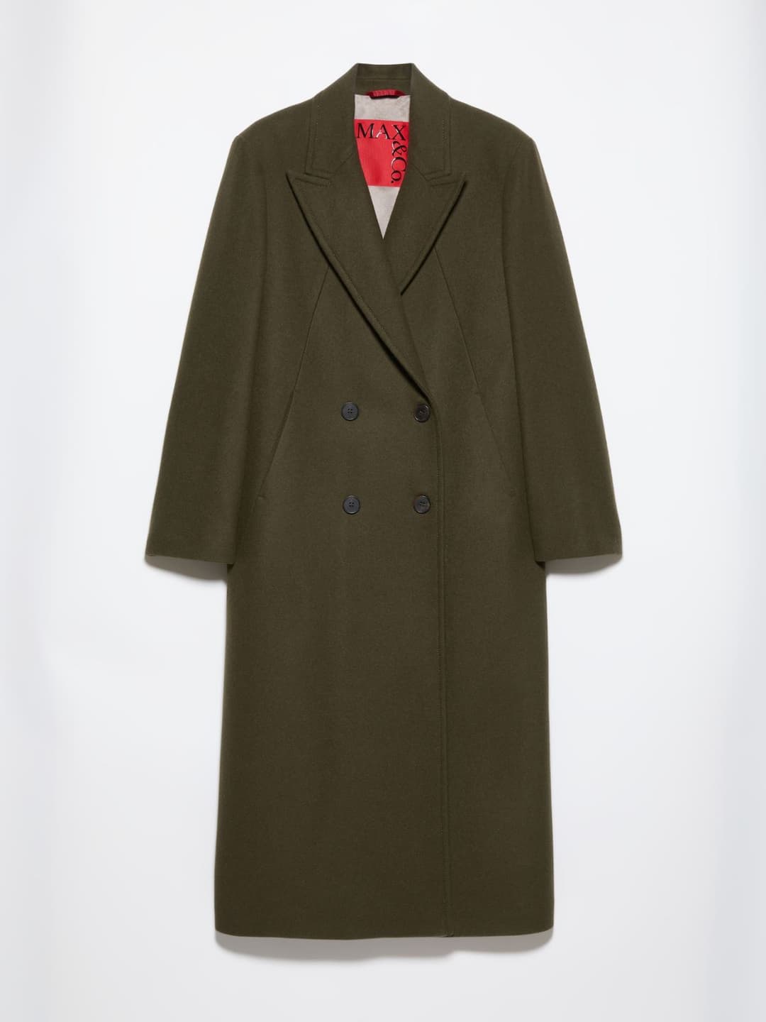 Cappotto doppiopetto in panno | Max&Co Cappotto doppiopetto in panno di lana color oliva scuro, con taglio dritto, revers a lancia e spacco posteriore. | Max&Co
