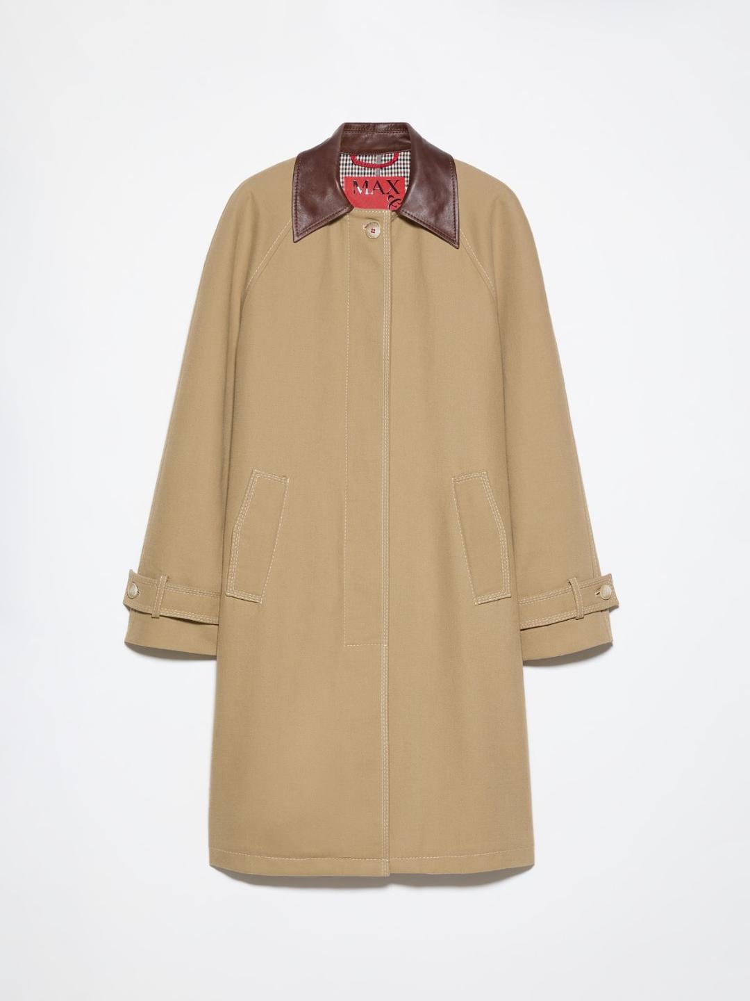 Trench in cotone antigoccia | Max&Co Trench in cotone antigoccia color cammello con colletto in pelle e fodera a fantasia Vichy, dettaglio impunturato sul retro. | Max&Co