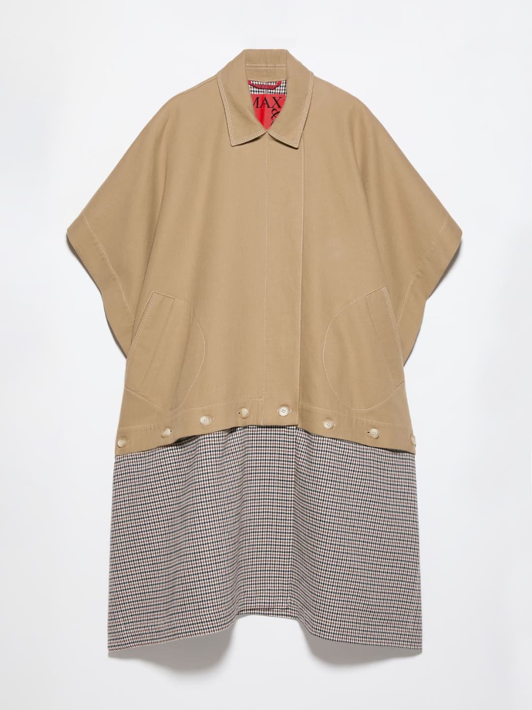 Poncho double face scomponibile | Max&Co Poncho double face scomponibile CAMMELLO MAX&Co. in cotone con finitura antigoccia, reversibile tinta unita e quadretti Vichy, con bordo staccabile e tasche a filo. | Max&Co
