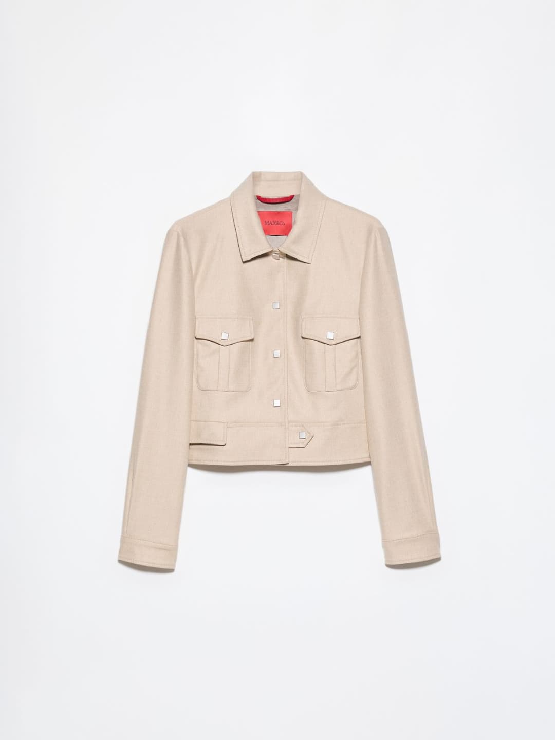 Giacca cropped in flanella | Max&Co Giacca cropped in flanella beige da donna con collo a camicia, tasche utility e bottoni a pressione in metallo. | Max&Co