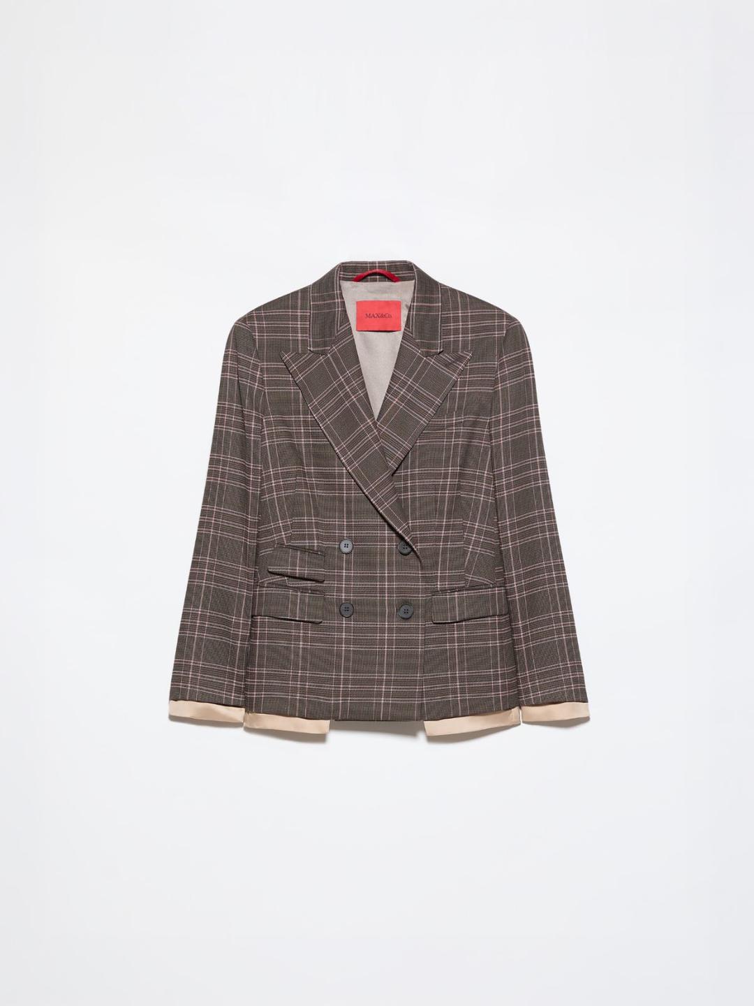 Blazer in blend di lana | Max&Co Blazer doppiopetto in blend di lana marrone a quadri con bordi a contrasto e spalle strutturate. | Max&Co