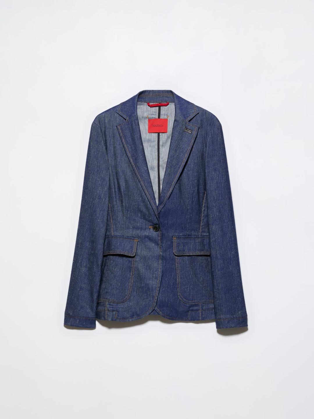 Blazer in denim di cotone e lino | Max&Co Blazer monopetto blu in denim di cotone e lino stretch con tasche utility e impunture a contrasto. | Max&Co